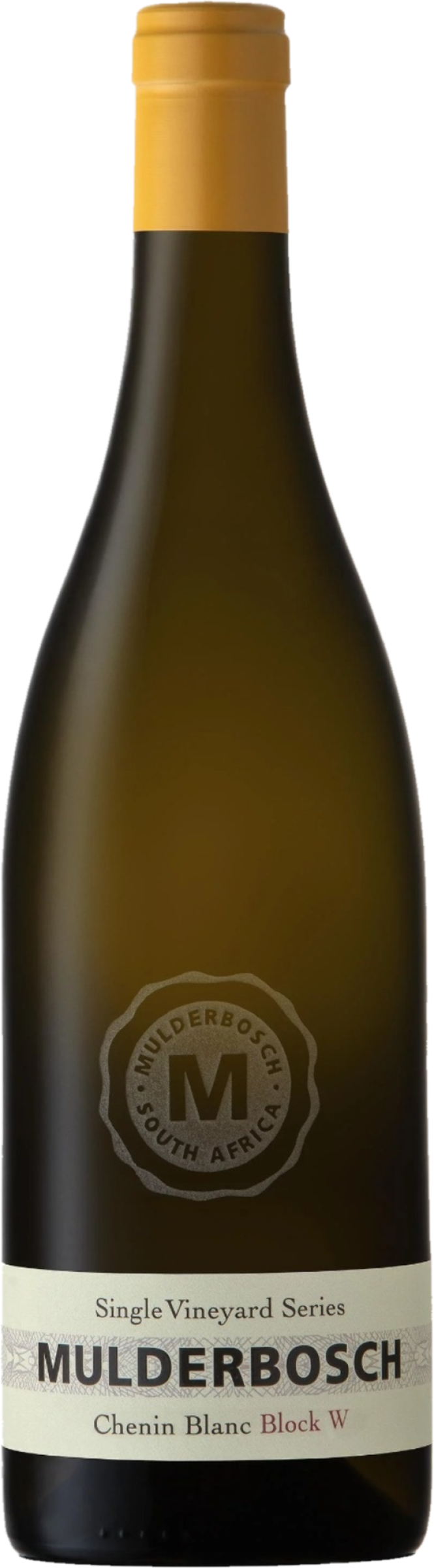 Mulderbosch Chenin Blanc Block W 2020 tegen gouden achtergrond – premium witte wijn