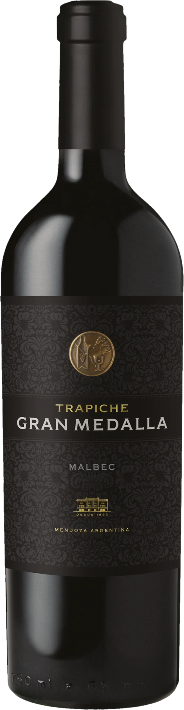 Trapiche Gran Medalla Malbec 2019 tegen bordeaux achtergrond – premium rode wijn