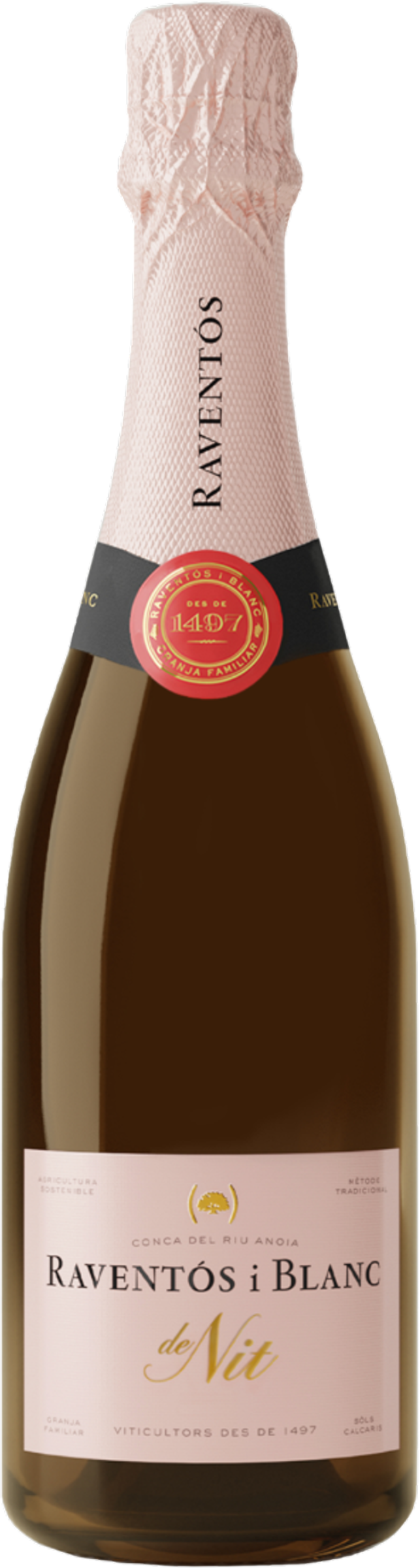 Raventós i Blanc De Nit Extra Brut Organic 2023 tegen bordeaux achtergrond – premium mousserende rosé
