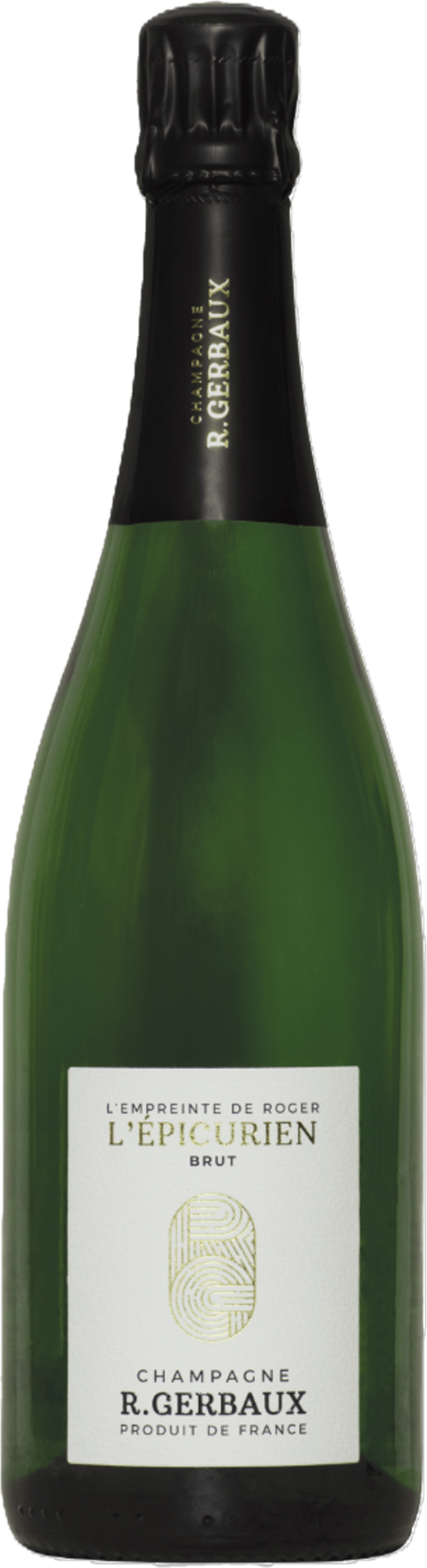 R. Gerbaux Champagne Brut L’Épicurien NV tegen gouden achtergrond – premium mousserende wijn