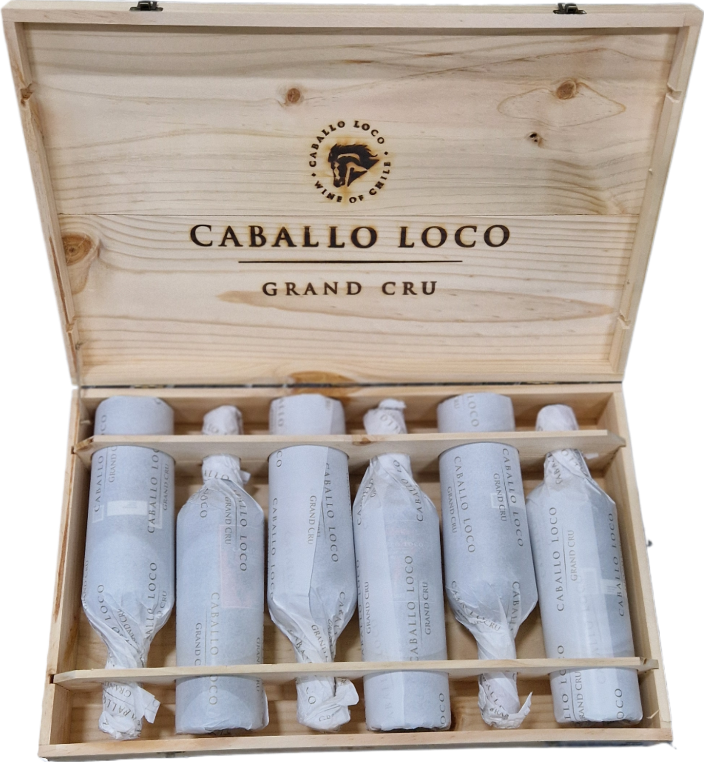 Caballo Loco Grand Cru Maipo 2022 OWC tegen bordeaux achtergrond – premium set