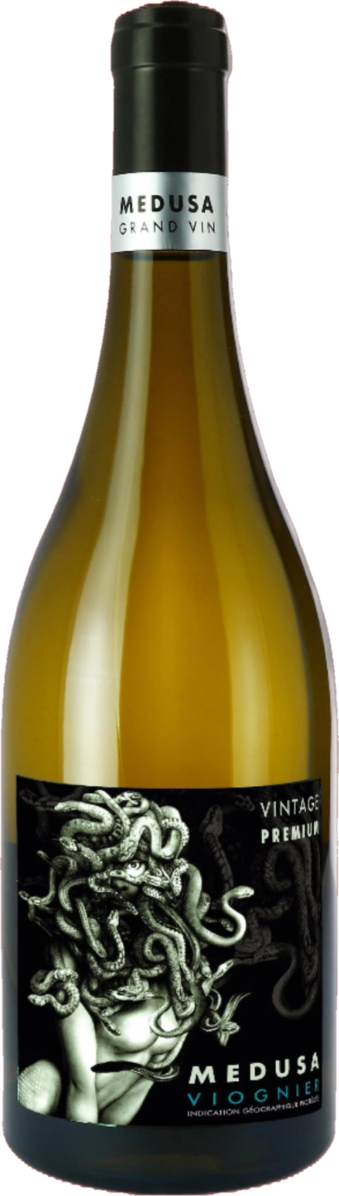 Vignobles Vellas Medusa Viognier 2024 tegen gouden achtergrond – aromatische witte wijn