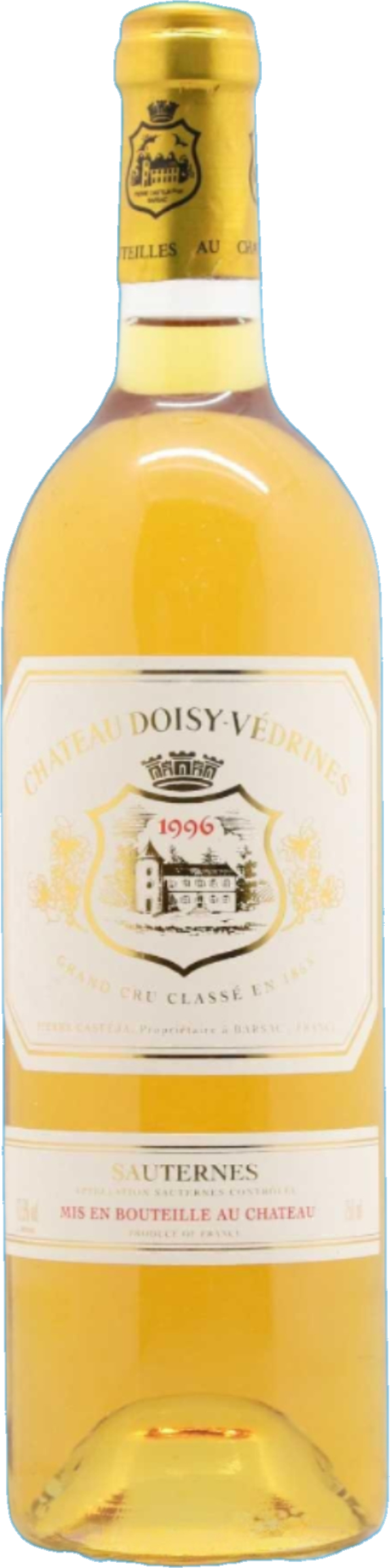 Château Doisy-Védrines 1996 tegen gouden achtergrond – klassieke dessertwijn