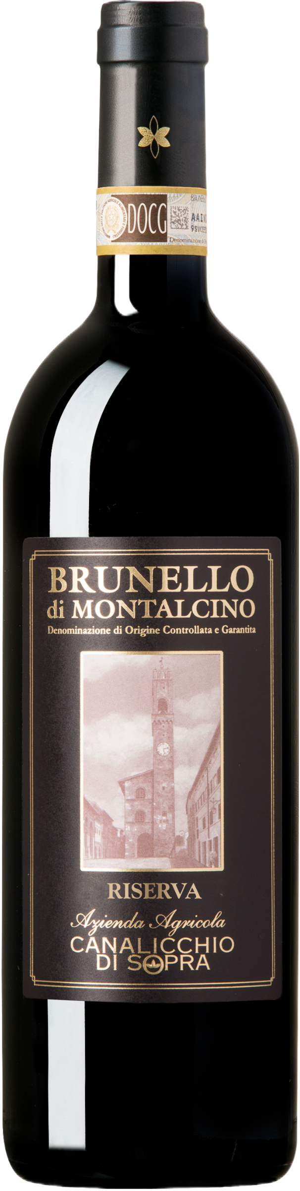 Canalicchio di Sopra Brunello di Montalcino Riserva 2010 tegen bordeaux achtergrond