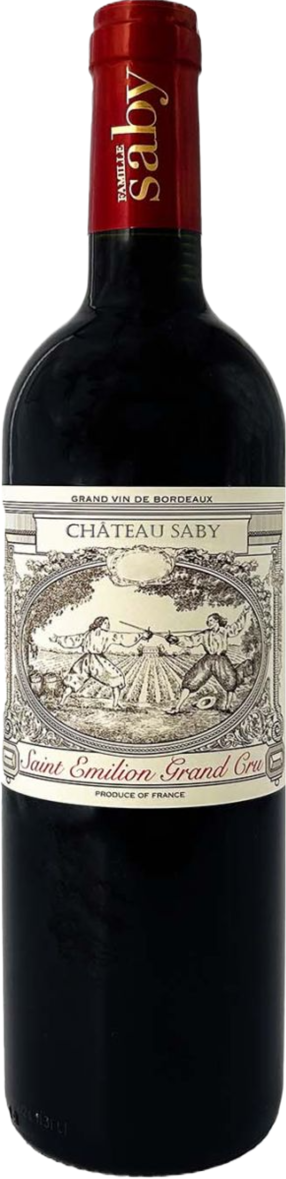 Château Saby Saint-Émilion 2022 tegen bordeaux achtergrond – klassieke rode wijn