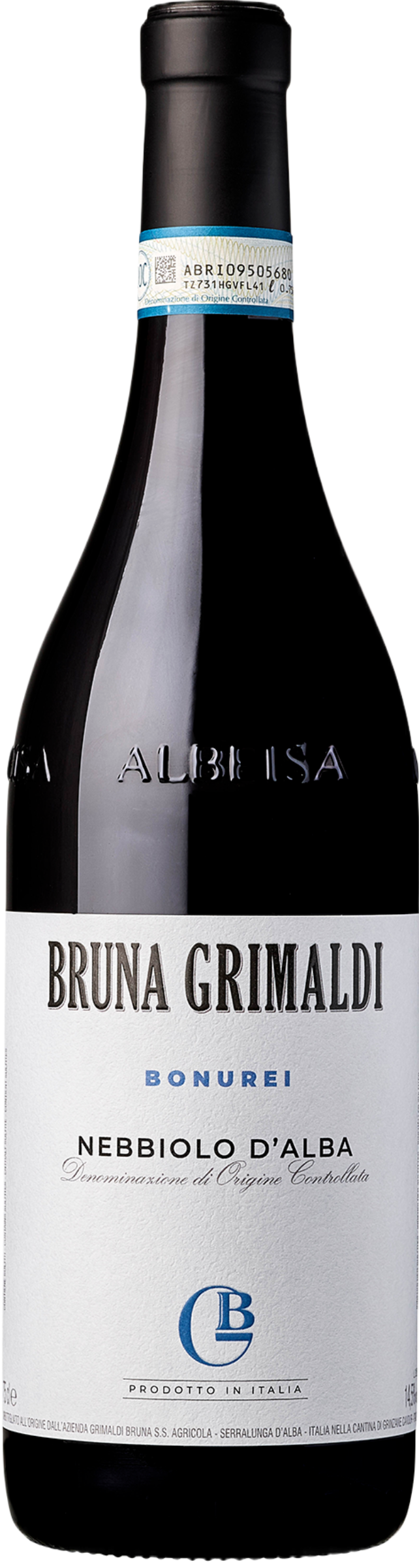 Bruna Grimaldi Nebbiolo d’Alba Bonurei 2023 tegen bordeaux achtergrond – elegante rode wijn