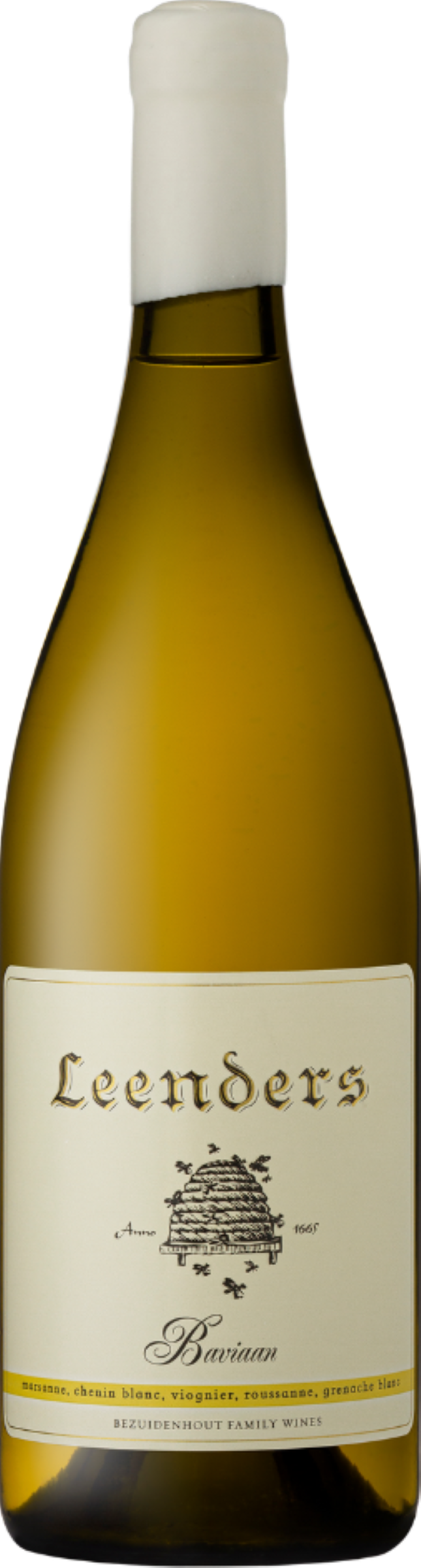 Leenders Baviaan White Blend 2024 – witte wijn tegen gouden achtergrond