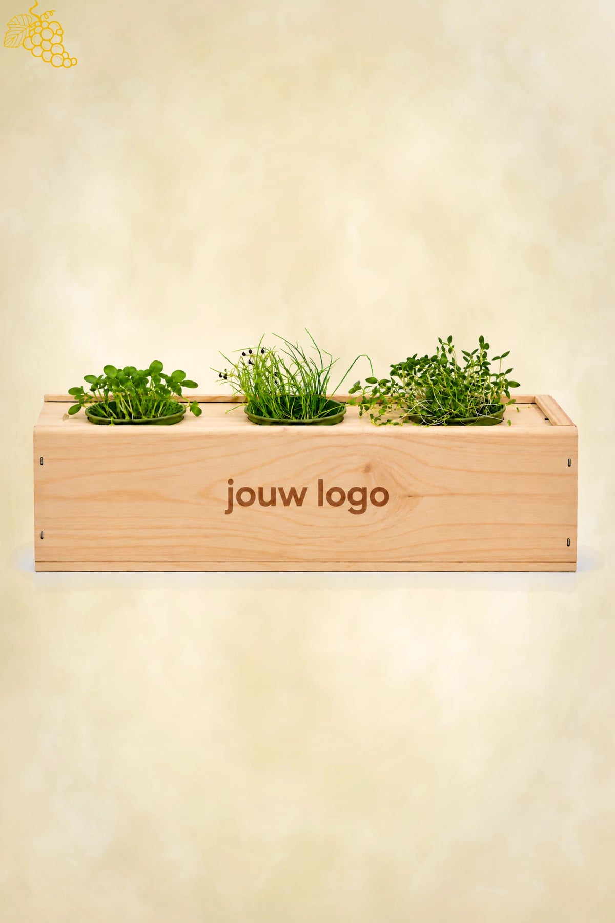 Boxxey wijnkist als kruidentuin met een gegraveerd logo, mogelijk vanaf 10 stuks
