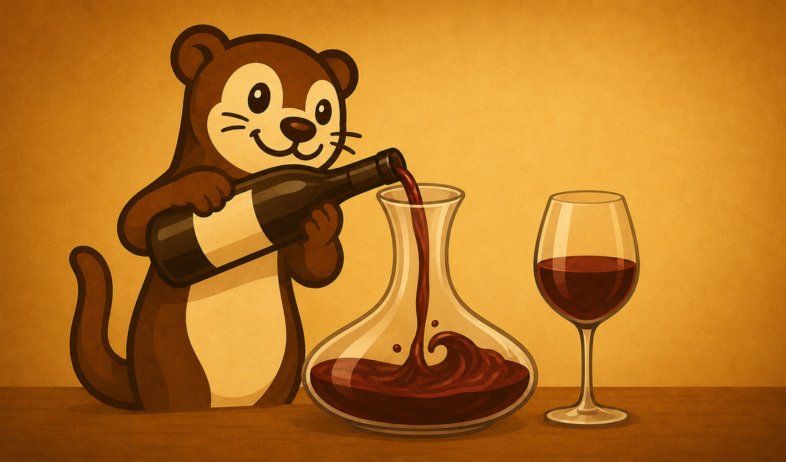 Glazen karaf met rode wijn naast een geopende fles — illustratie van decanteren en beluchten in de praktijk