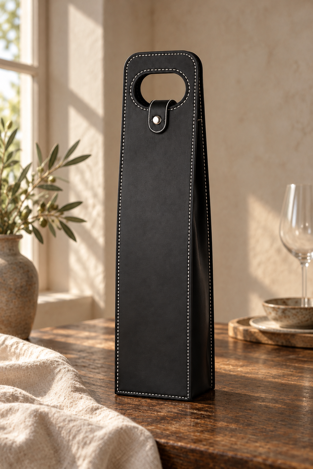 Zwarte luxe wijn-geschenktas van faux leer op een houten tafel met linnen en een olijftak
