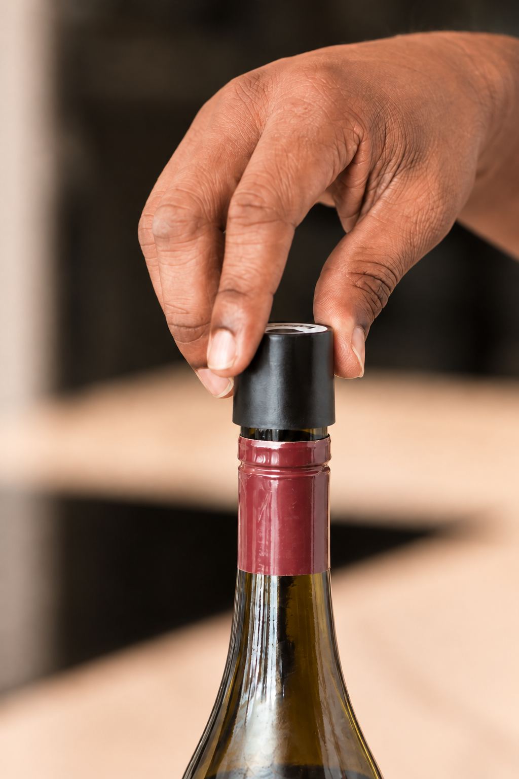 Coravin schroefdop wordt op een geopende fles gezet