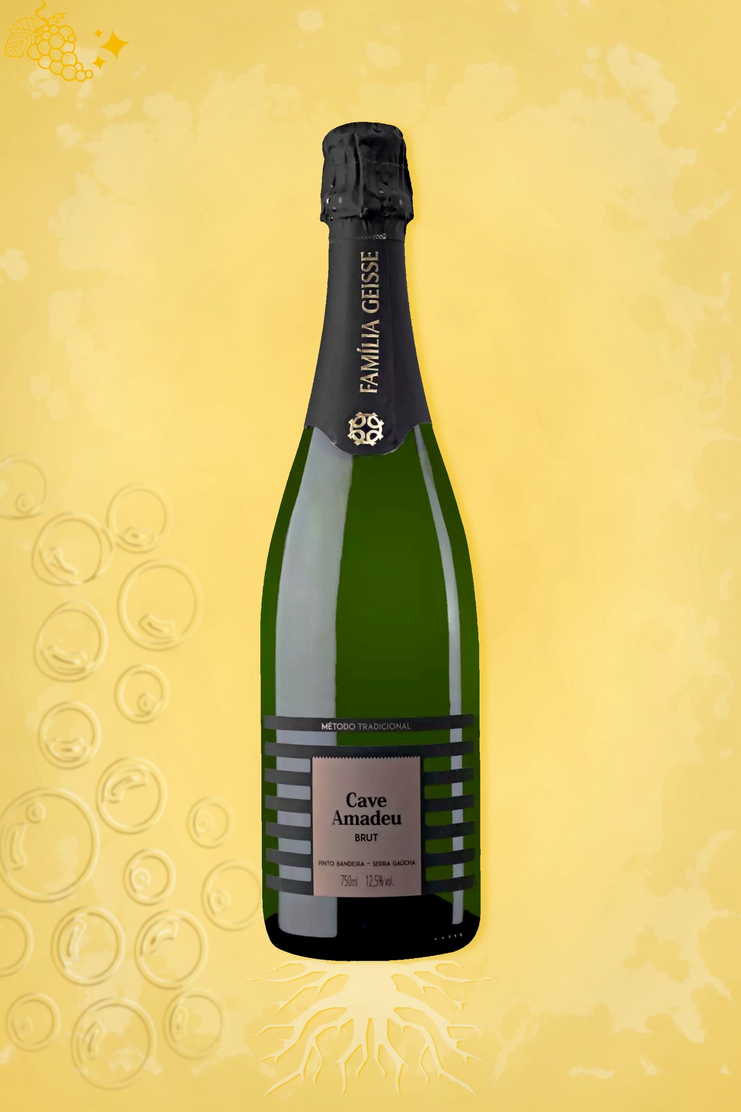 Fles Cave Geisse Amadeu Brut mousserende wijn uit Brazilië tegen goudkleurige achtergrond.