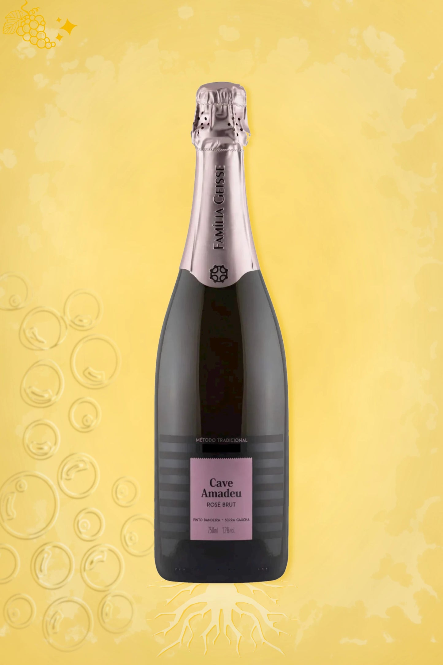 Fles Cave Geisse Amadeu Brut Rosé mousserende wijn uit Brazilië tegen goudkleurige achtergrond.