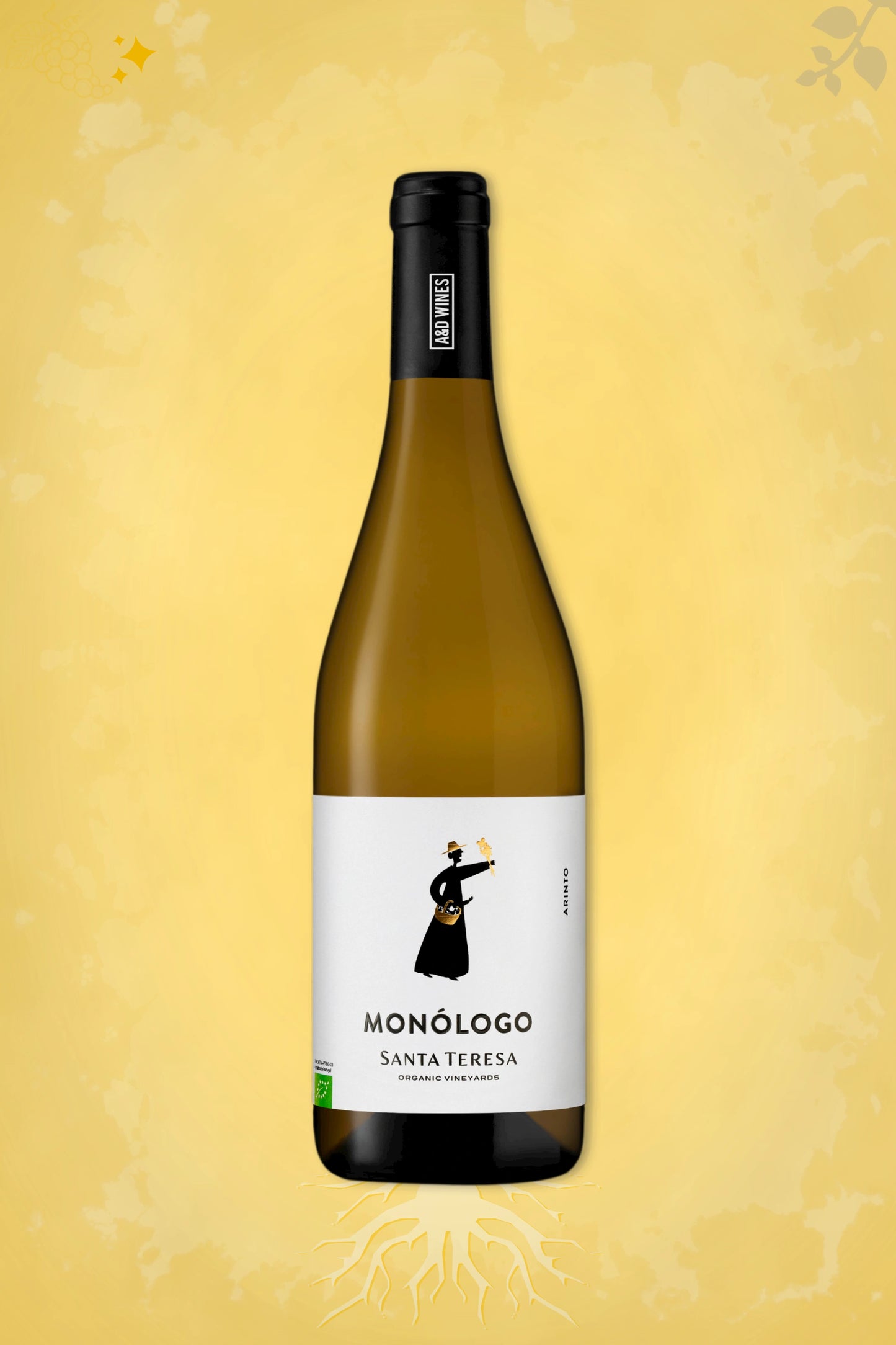 A&D Wines – Monologo Arinto BIO (2023) tegen gold achtergrond – premium wit wijn