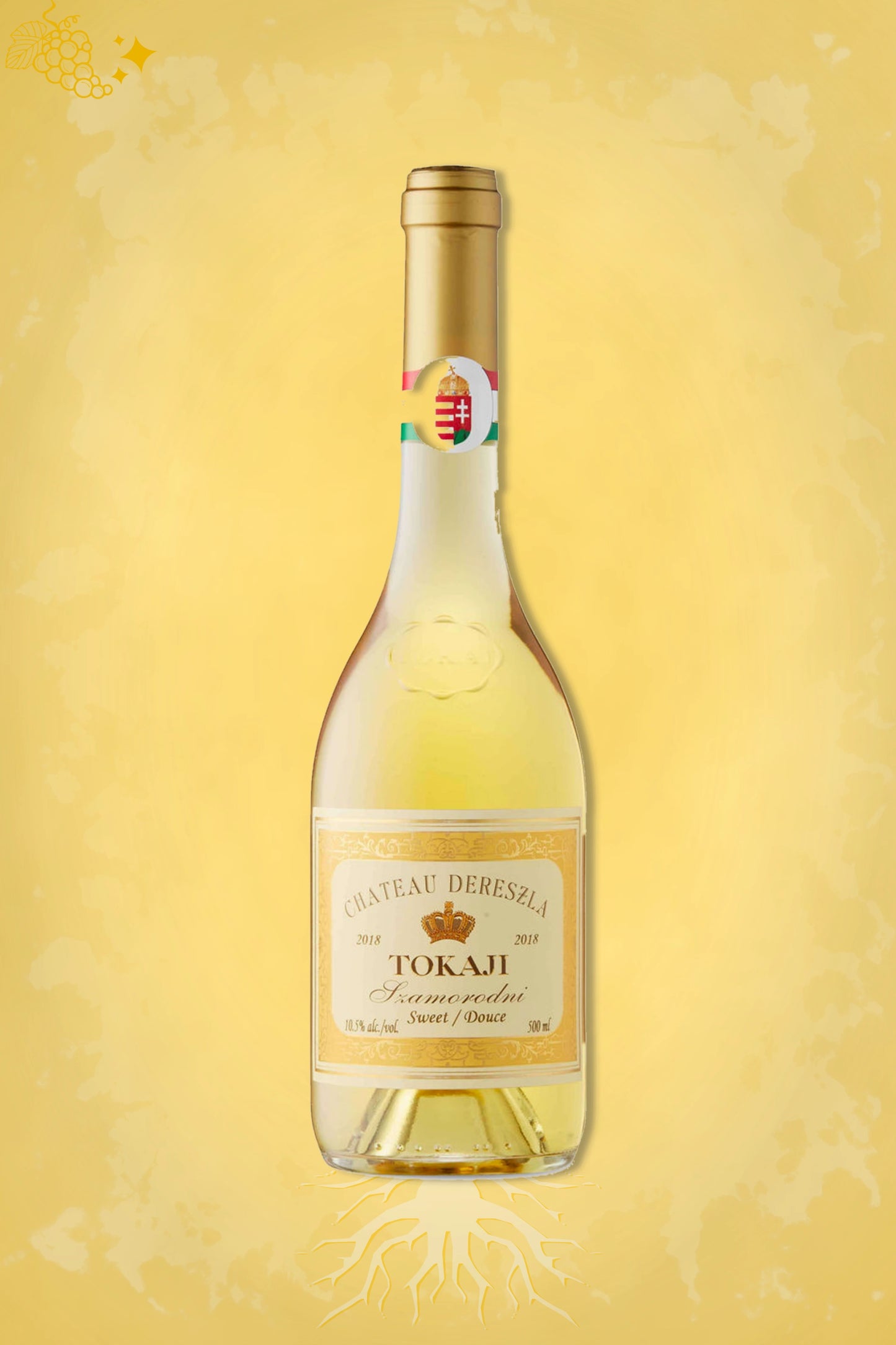 Fles Château Dereszla Tokaji Szamorodni Száraz 2018, droge witte wijn uit Tokaj, Hongarije, op goudkleurige achtergrond.
