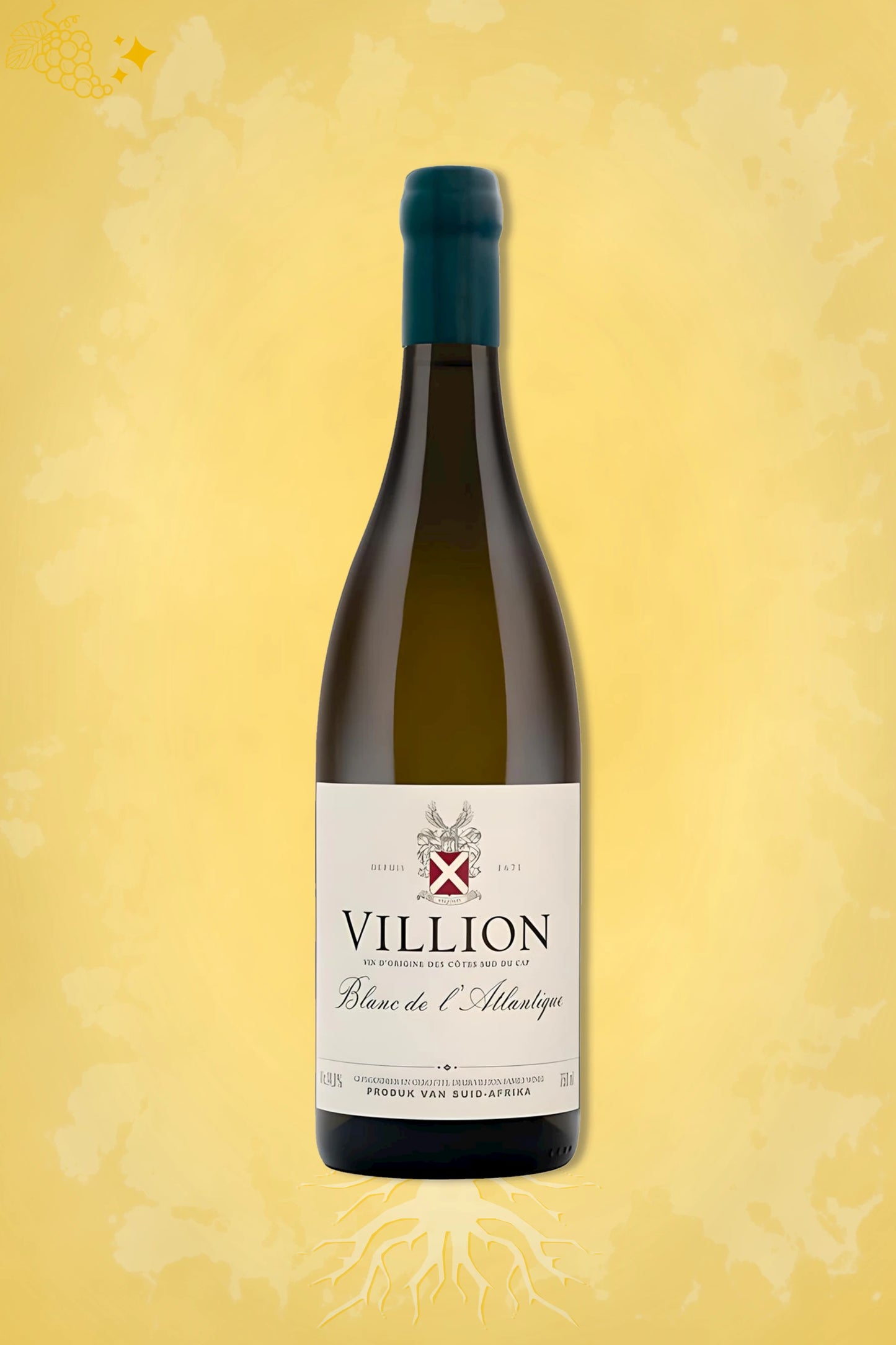 Fles Villion Blanc de l'Atlantique 2024 witte wijn tegen een goudkleurige achtergrond.