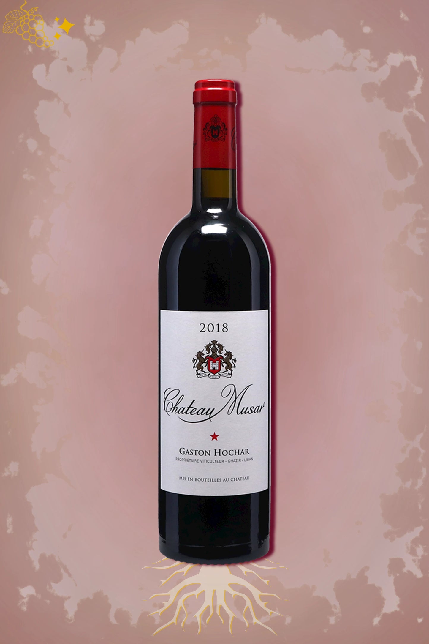 Fles Chateau Musar Red uit de Bekaa Valley, jaargang 2018, een rode wijn uit Libanon.