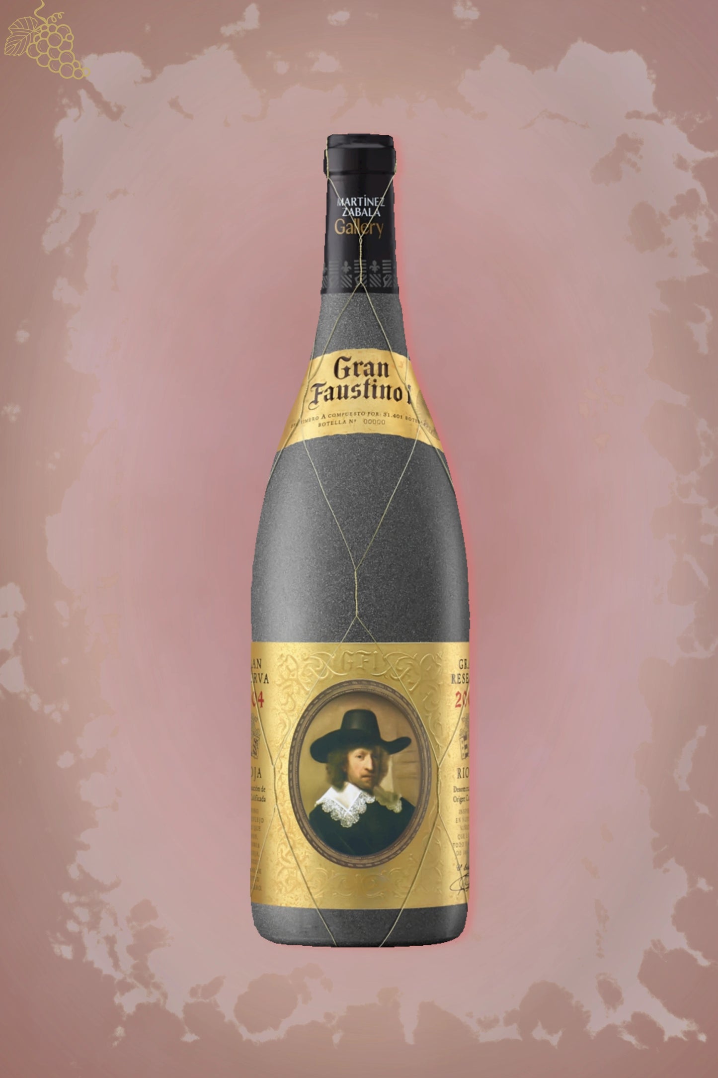 Fles Bodegas Faustino Gran Reserva I 2004, Rioja, tegen bordeauxrode achtergrond.