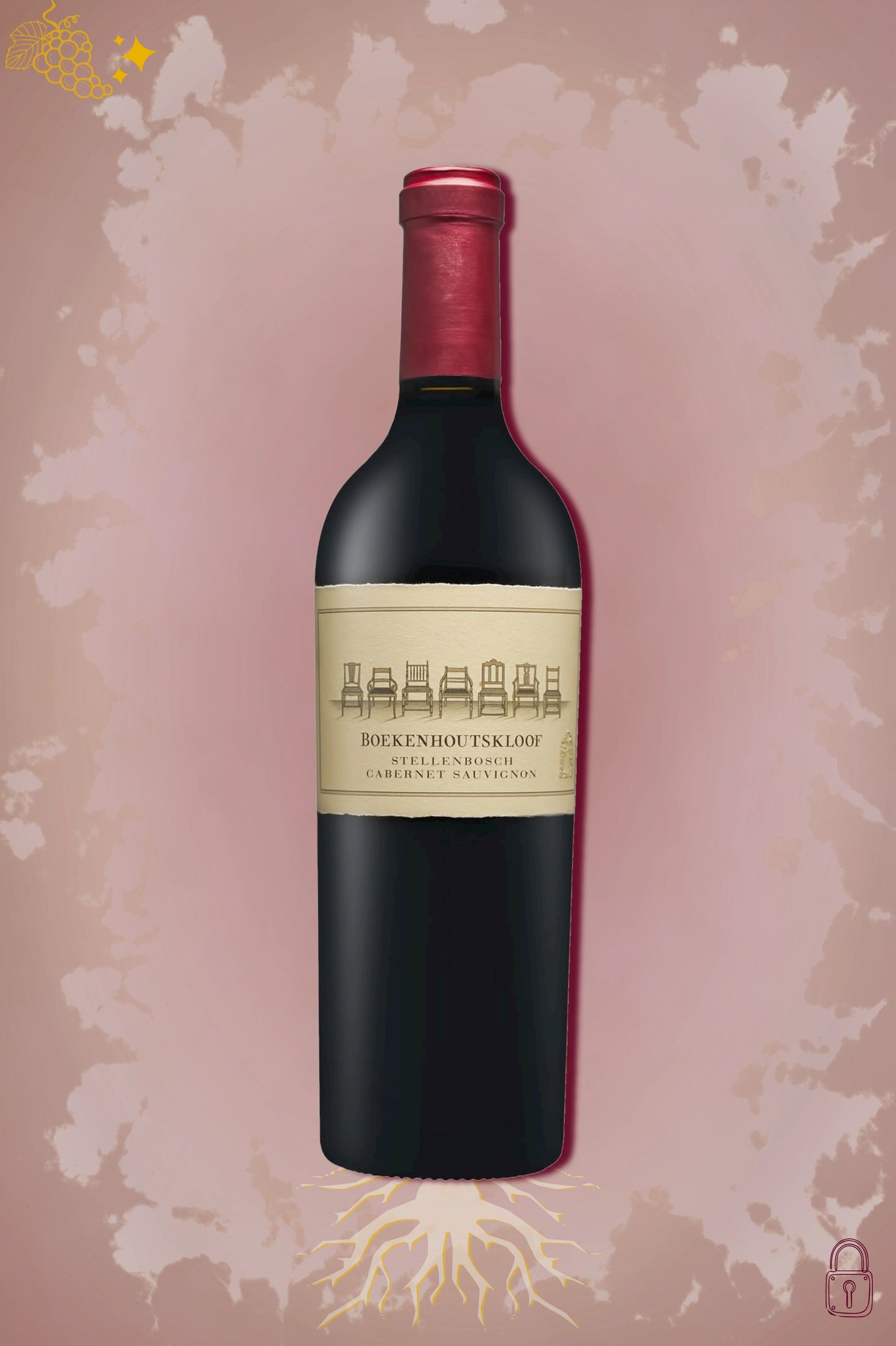 Fles Boekenhoutskloof Cabernet Sauvignon Stellenbosch 2021 tegen bordeauxrode achtergrond.