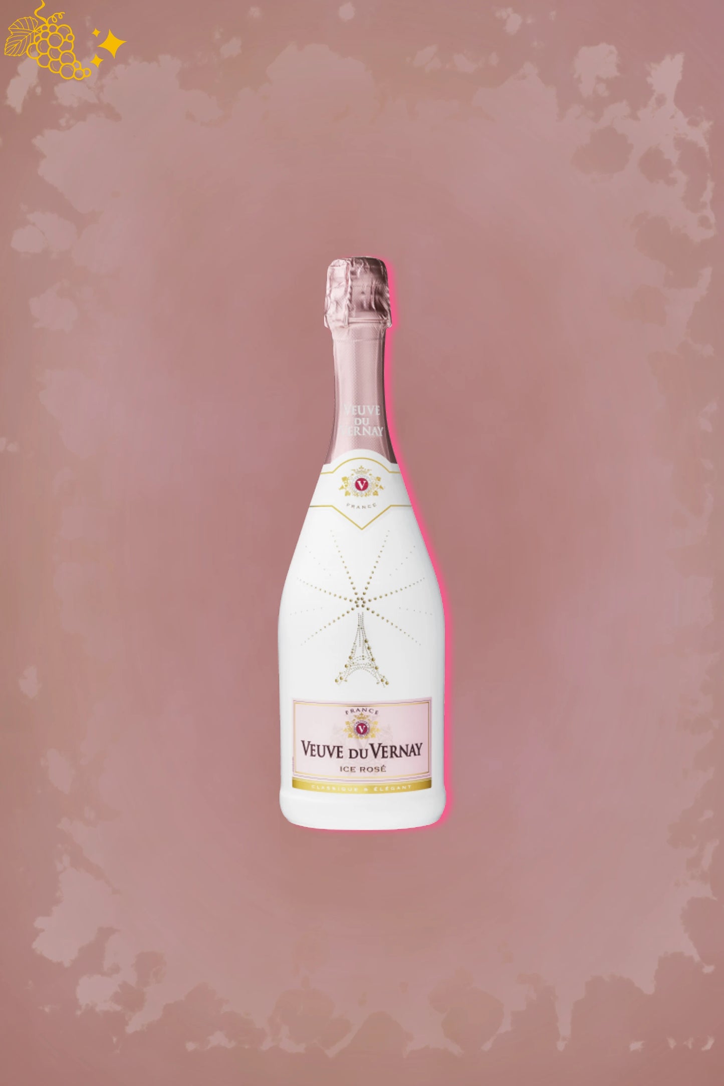 Fles Veuve du Vernay Ice Rosé mousserende wijn van 20 cl tegen bordeauxrode achtergrond.