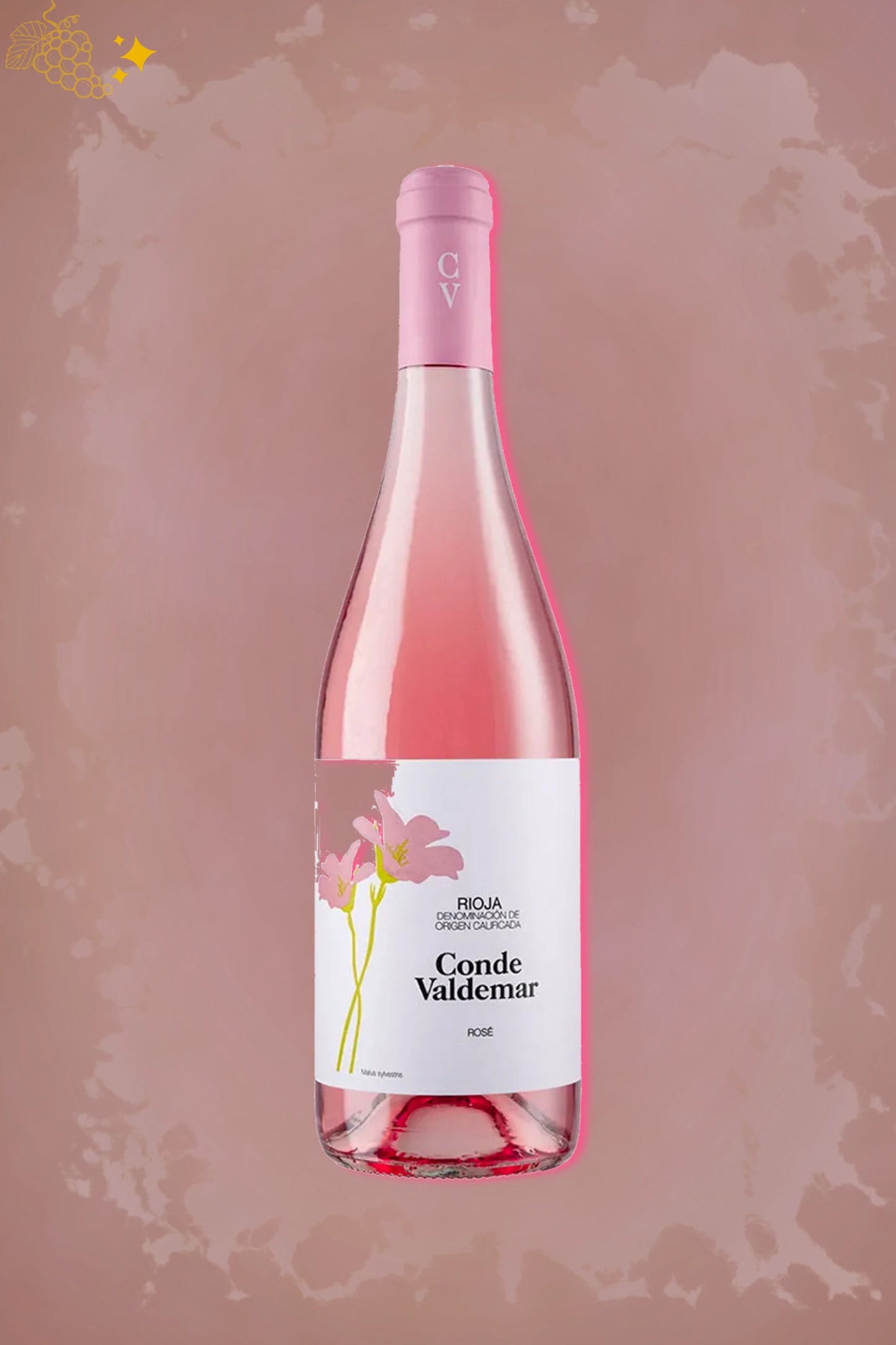 Fles Conde Valdemar Rosé 2024 van Bodegas Valdemar uit Rioja tegen een bordeauxrode achtergrond.