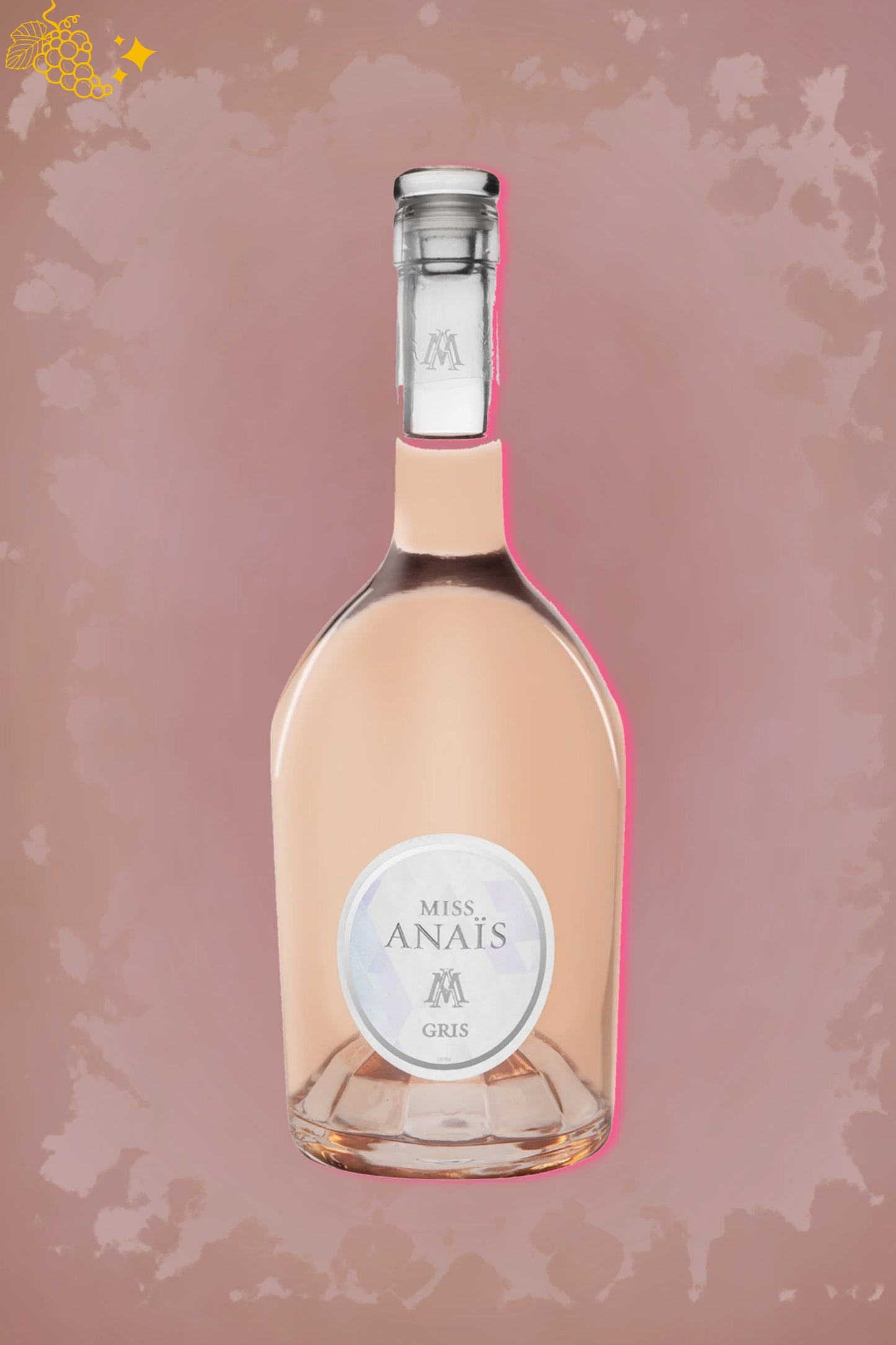 Fles Miss Anaïs Rosé Gris Pays d'Oc op bordeauxrode achtergrond.