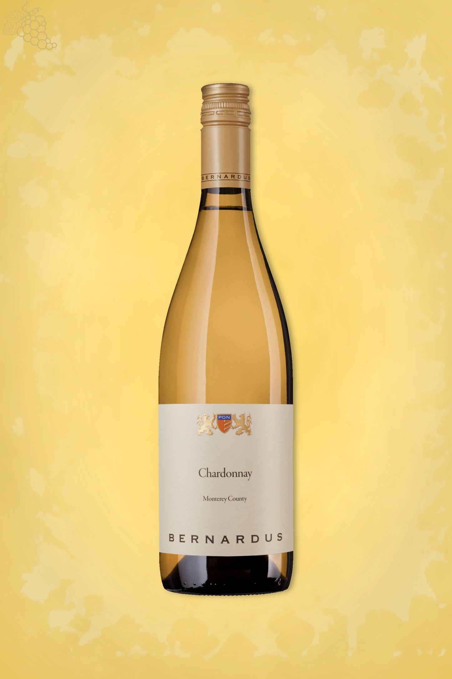 Fles Bernardus Chardonnay 2023 met goudkleurige achtergrond.