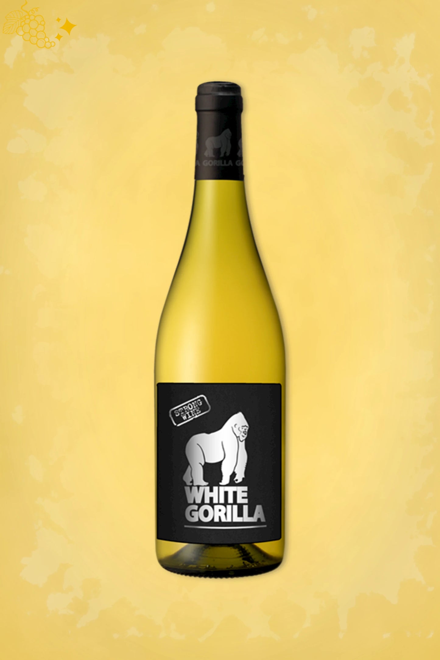 Fles White Gorilla 2025 van Domaine Guinand, witte wijn uit Languedoc, tegen een gouden achtergrond.