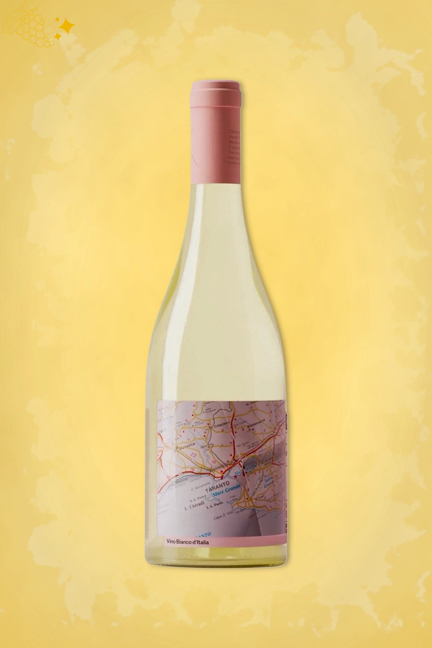 Fles Campi Deantera Campo Minimo Bianco 2024, witte wijn uit Italië, tegen een gouden achtergrond.