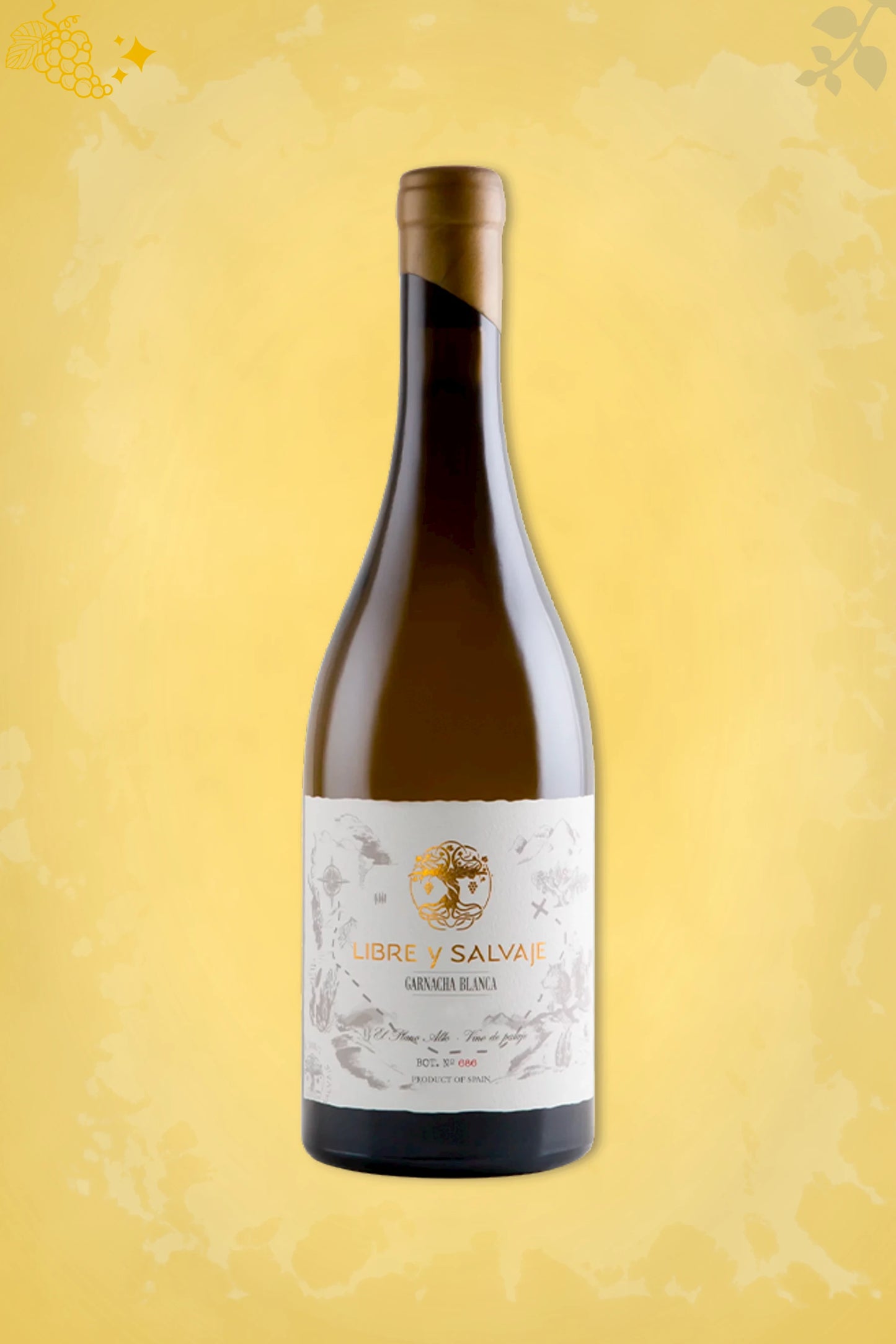 Fles Libre y Salvaje Garnacha Blanca 2023 uit Cariñena tegen goudkleurige achtergrond.