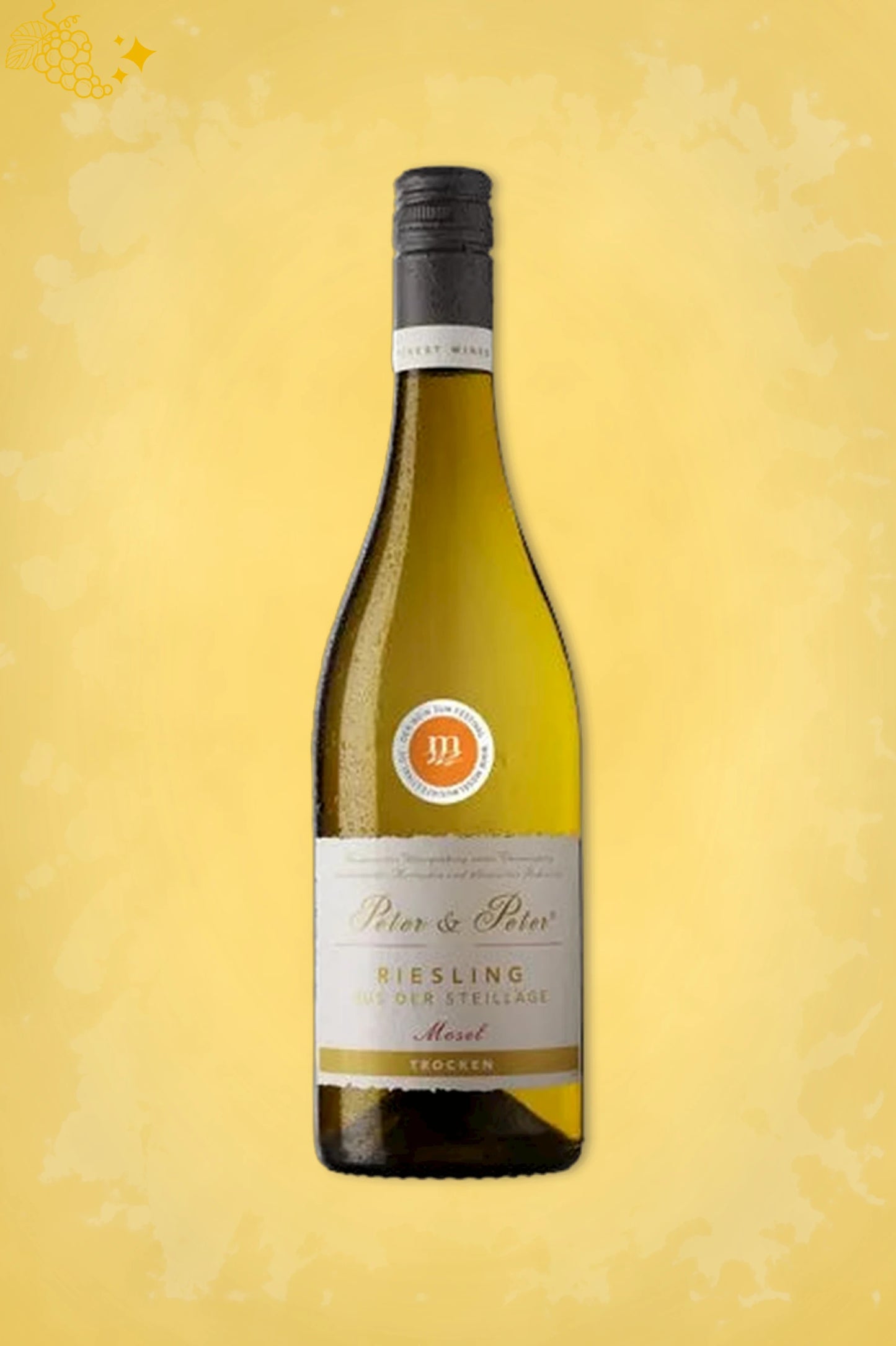 Fles Peter & Peter Mosel Riesling Steillage Trocken 2024 met gouden achtergrond.