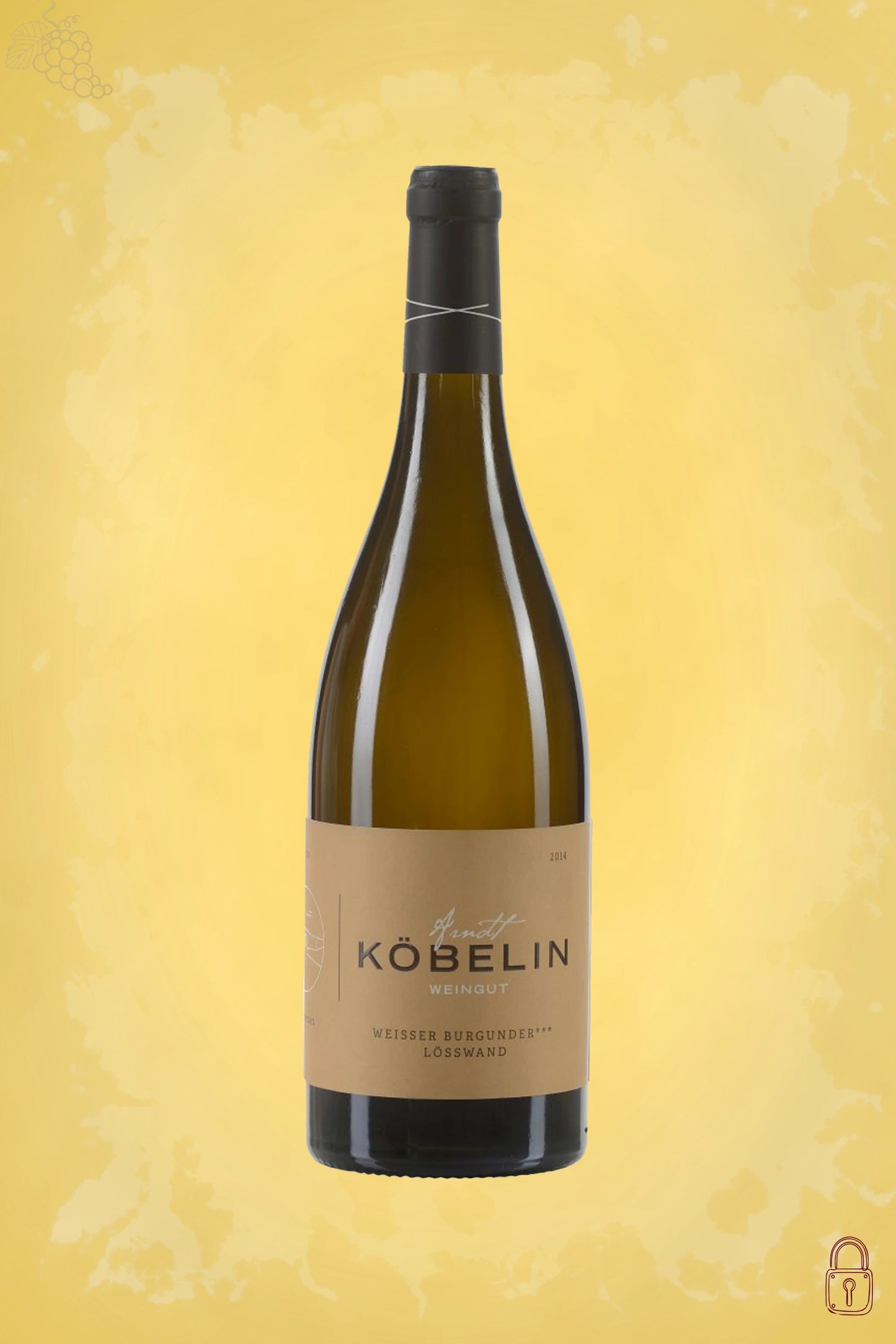 Fles Weingut Köbelin Weisser Burgunder Lösswand 2023, witte bourgogne uit Duitsland, tegen goudkleurige achtergrond.