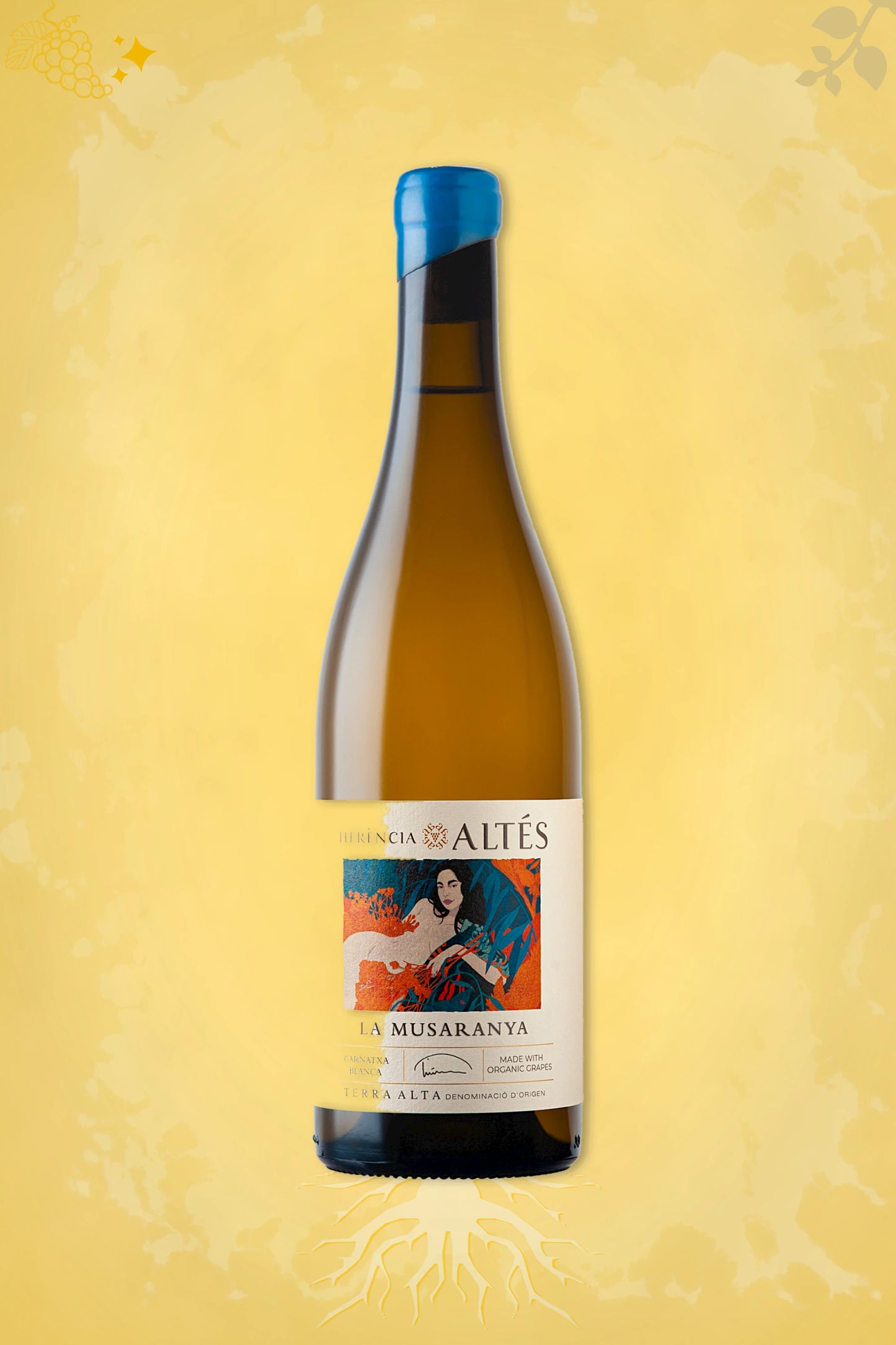 Fles Herència Altés La Musaranya Garnatxa Blanca 2025 uit Catalonië tegen goudkleurige achtergrond.