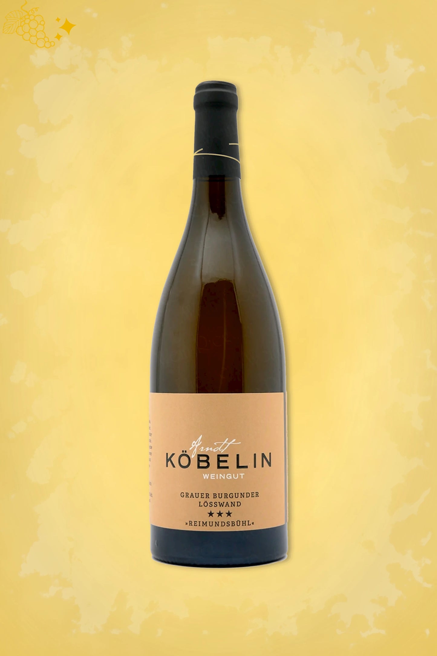 Fles Weingut Köbelin Grauer Burgunder Lösswand 3 Sterne 2024 tegen goudkleurige achtergrond.