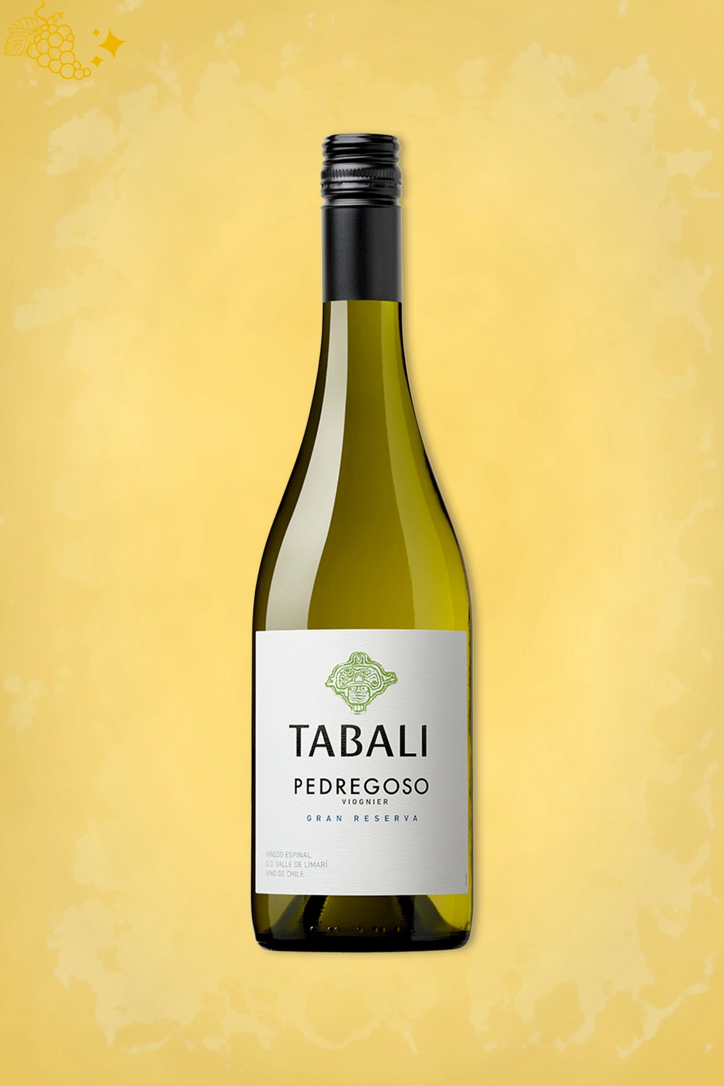Fles Tabalí Pedregoso Gran Reserva Viognier 2023 uit Chili op gouden achtergrond.