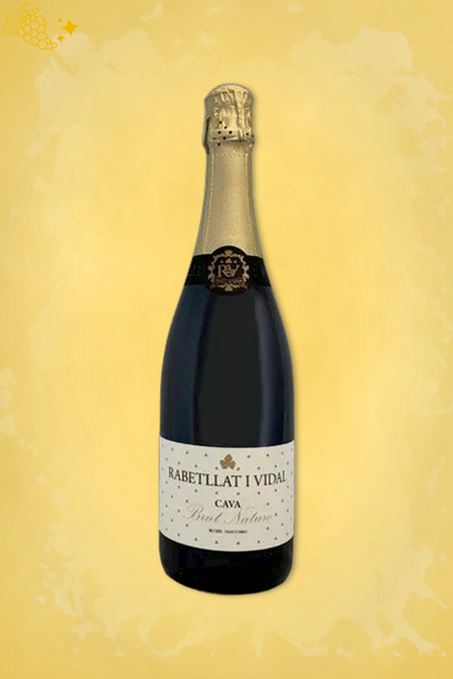 Fles Rabetllat i Vidal Brut Nature Reserva cava 2023 met gouden label tegen neutrale achtergrond.