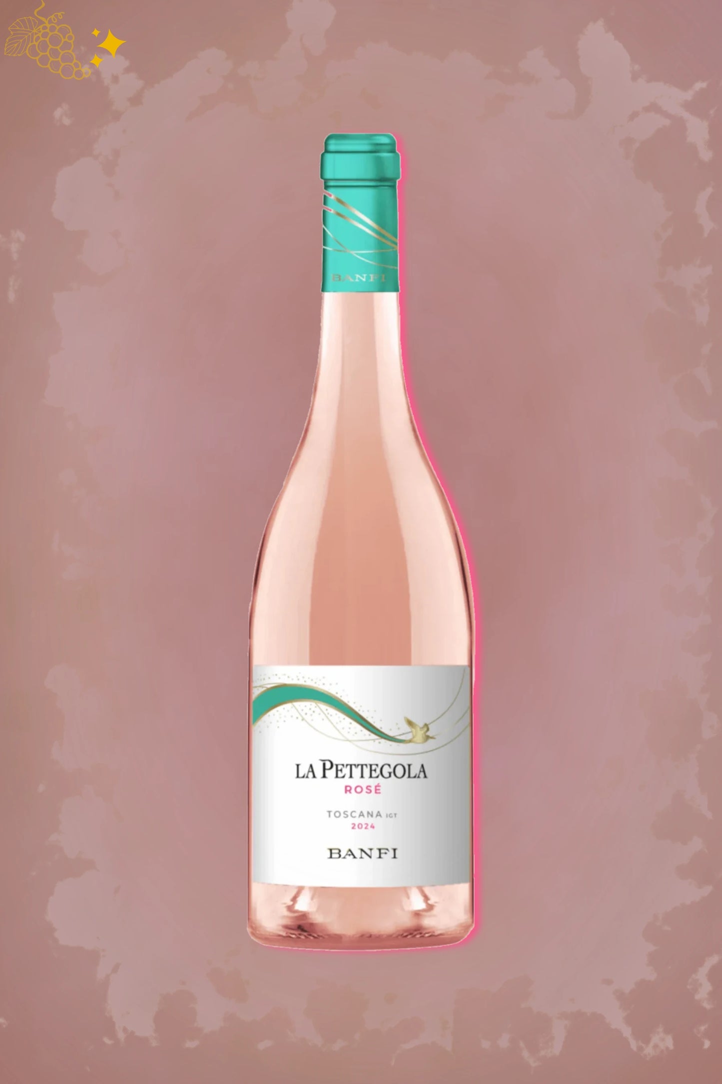 Fles Banfi La Pettegola Rosé Toscana IGT 2024 uit Toscane tegen een bordeauxrode achtergrond.