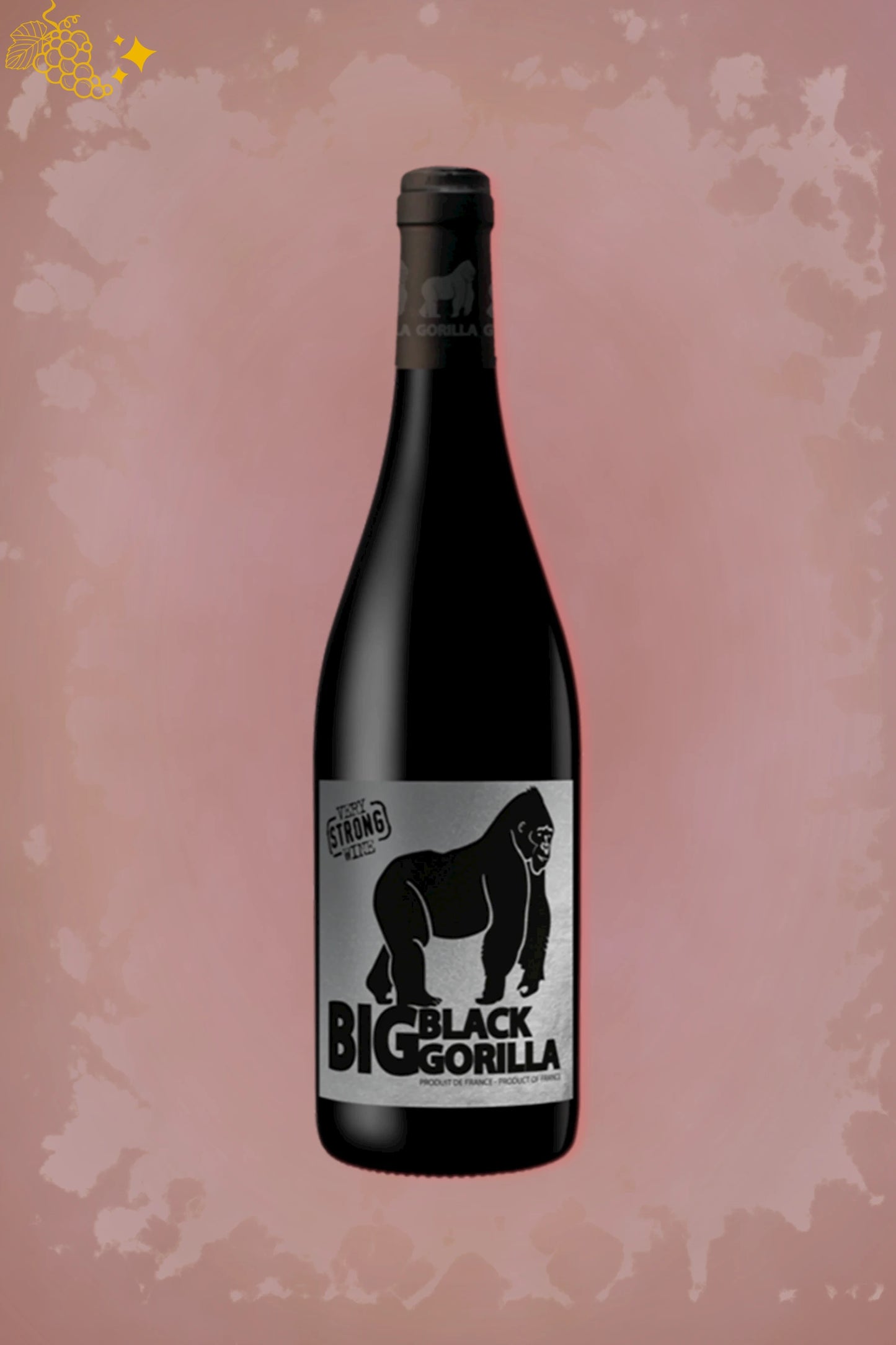 Fles Domaine Guinand Big Black Gorilla 2024 uit de Languedoc tegen een bordeauxrode achtergrond.