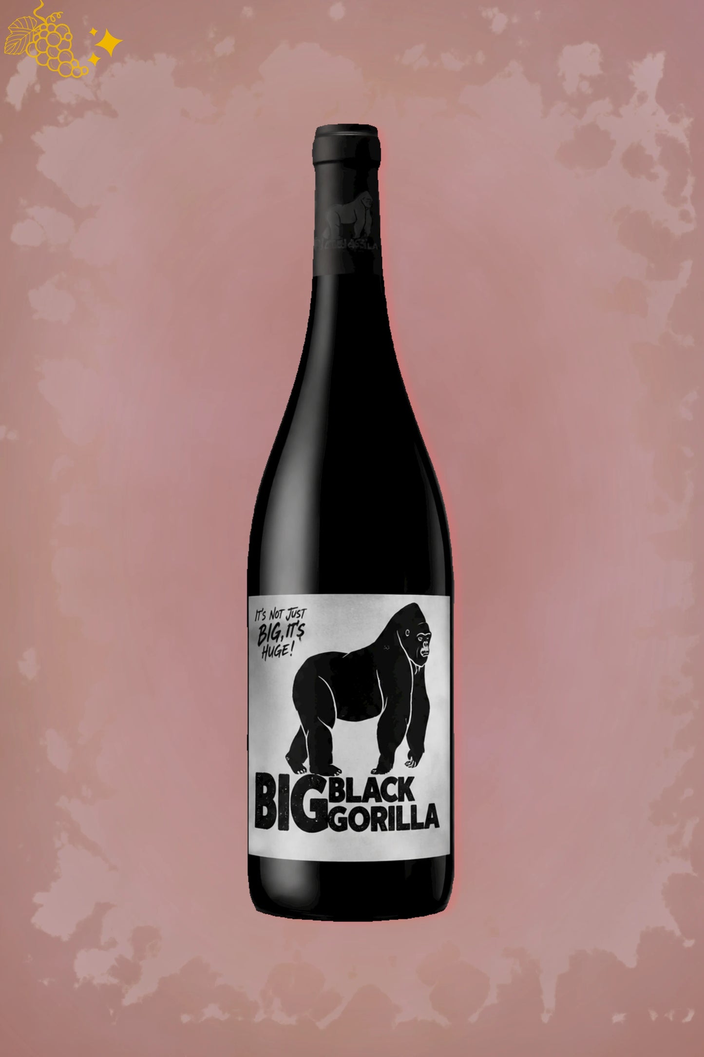 Fles Domaine Guinand Big Black Gorilla 2024 uit de Languedoc tegen bordeauxrode achtergrond.