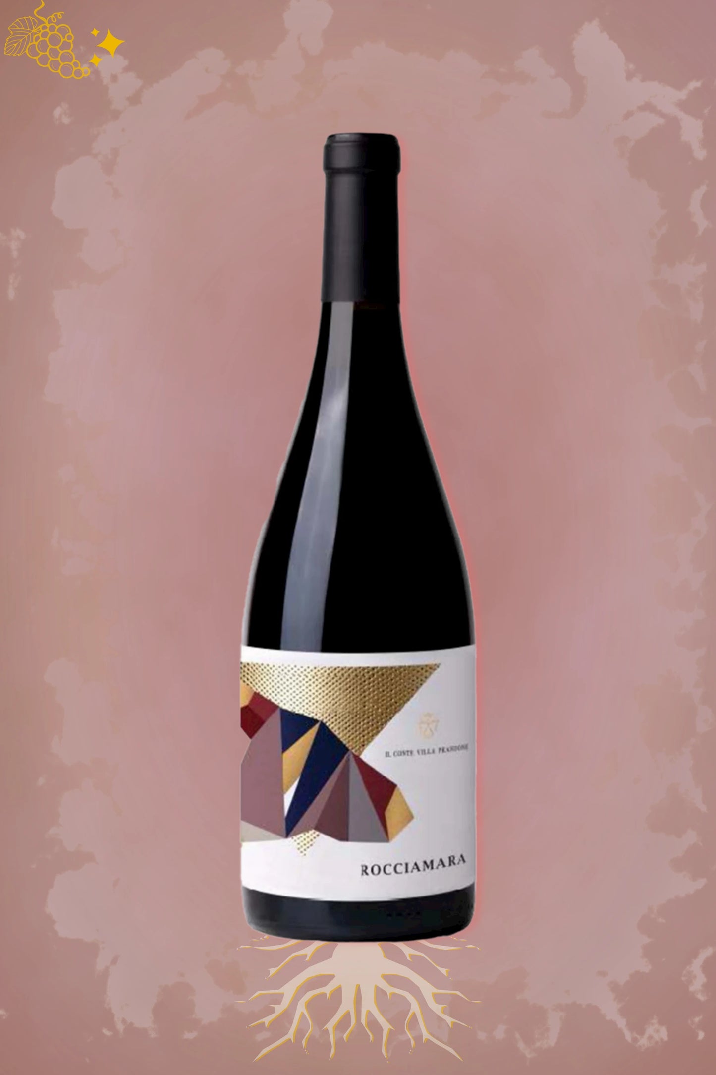 Fles Il Conte Villa Prandone Rocciamara 2023, rode wijn uit de Marche, tegen bordeauxrode achtergrond.