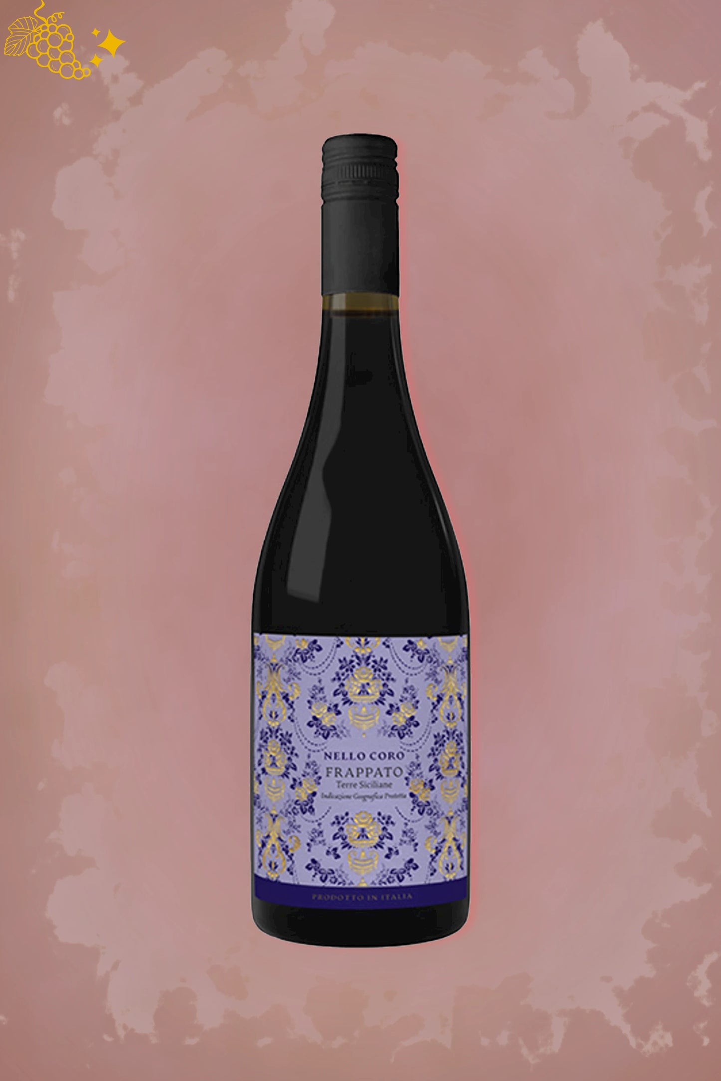 Fles Occiduo Nello Coro Frappato 2024 uit Sicilië tegen bordeauxrode achtergrond.