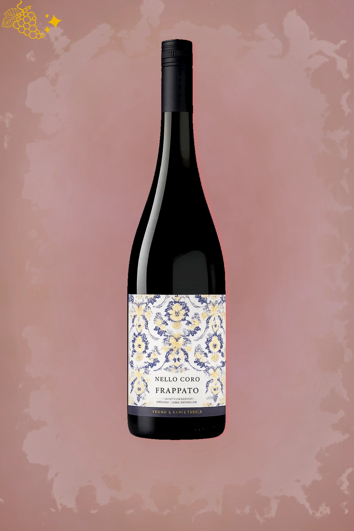 Fles Occiduo Nello Coro Frappato 2024 tegen bordeauxrode achtergrond.