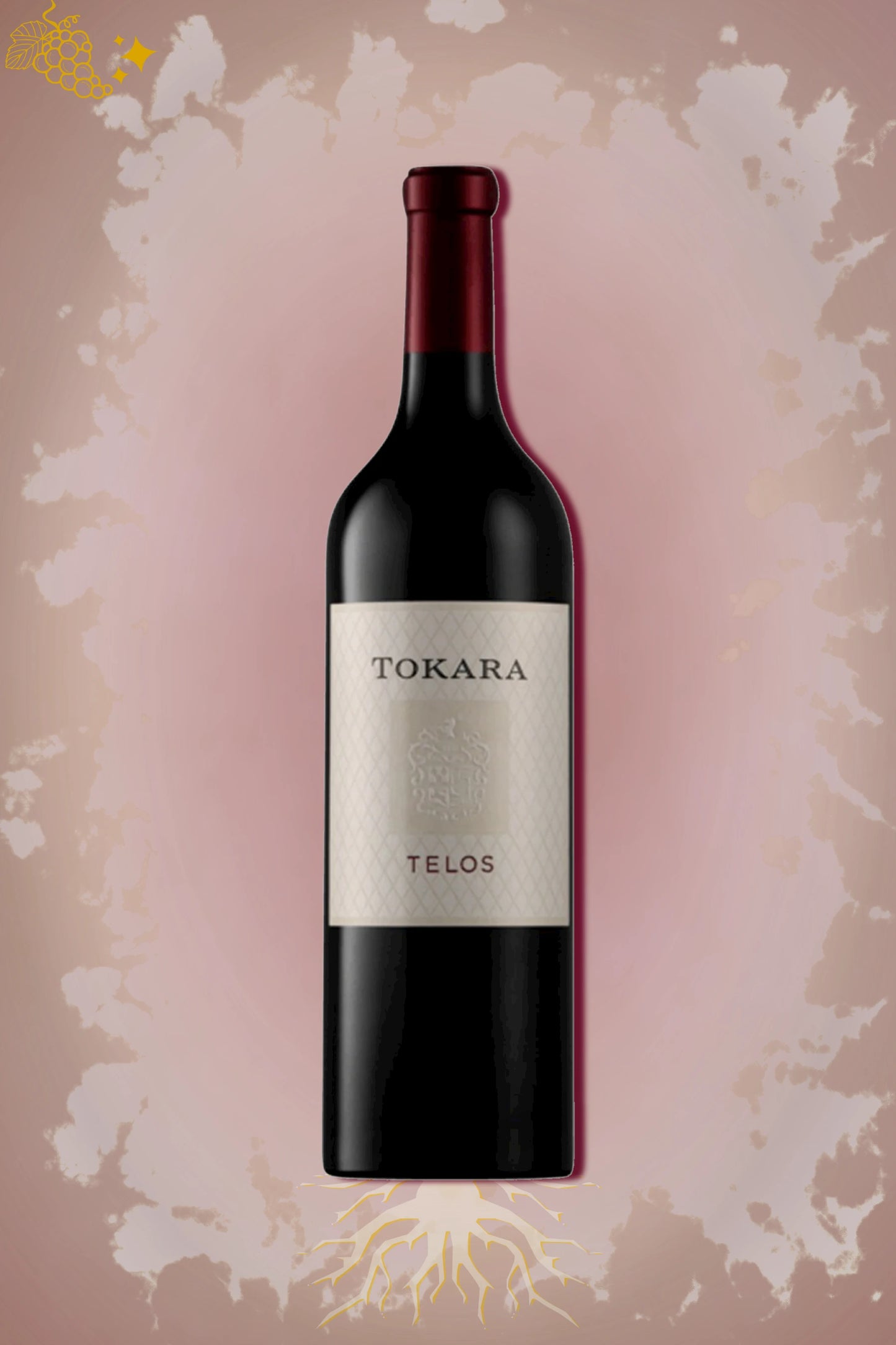 Fles Tokara Telos uit 2017, een Zuid-Afrikaanse Bordeaux-blend, tegen een donkerrode achtergrond.