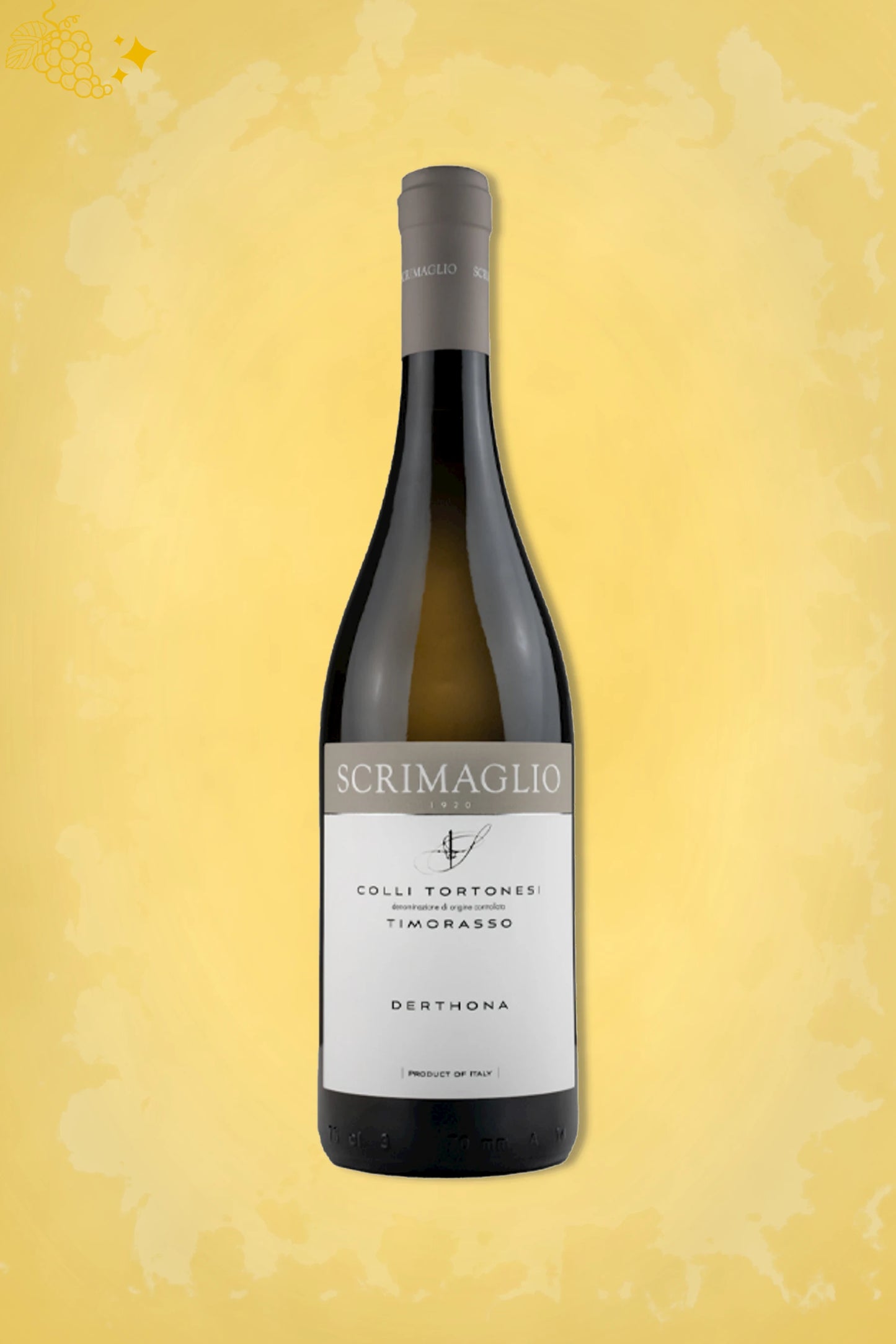 Fles Scrimaglio Timorasso 2023, witte wijn uit Piemonte, op gouden achtergrond.