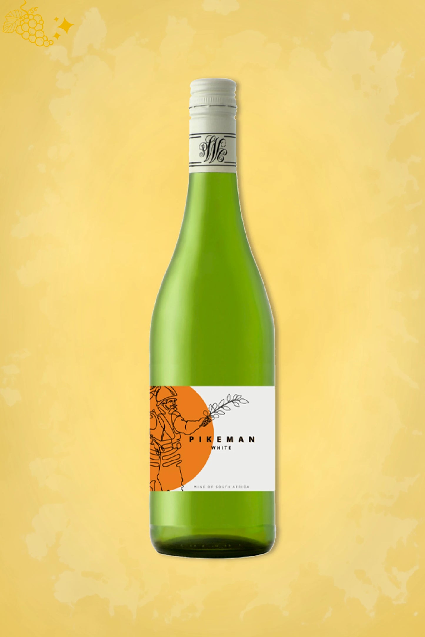 Fles Piekenierskloof Pikeman White Blend 2024 uit Zuid-Afrika tegen een gouden achtergrond.