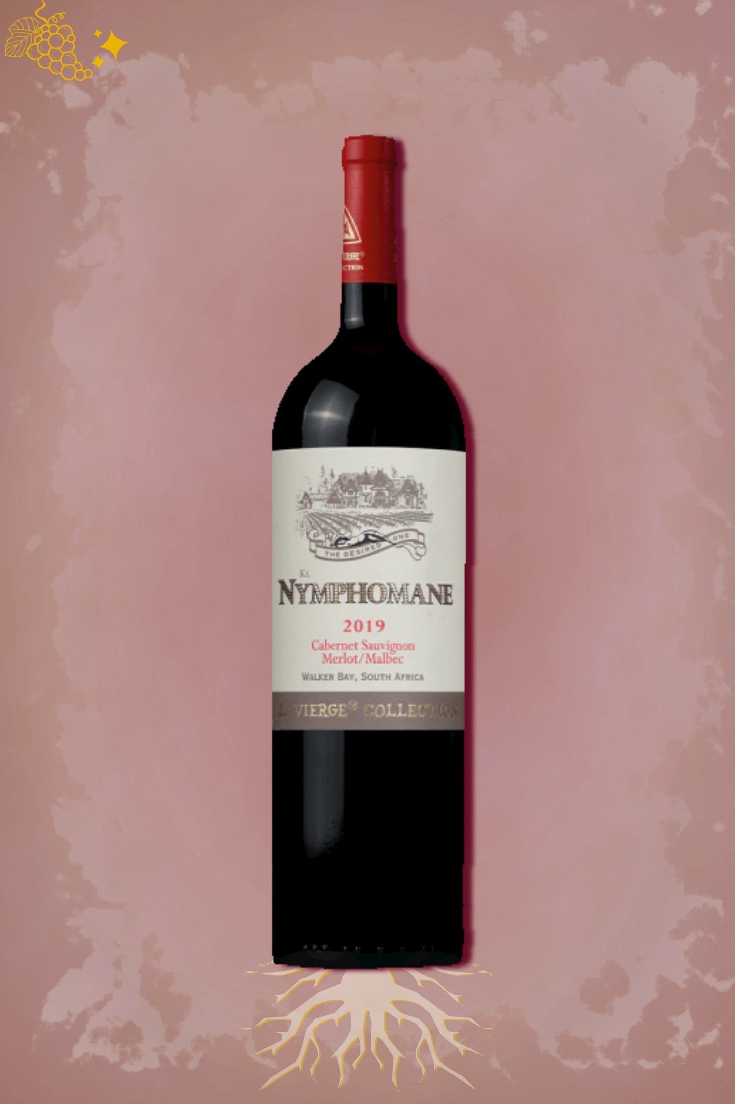 Fles La Vierge Nymphomane 2019 uit Bordeaux tegen een donkerrode achtergrond.