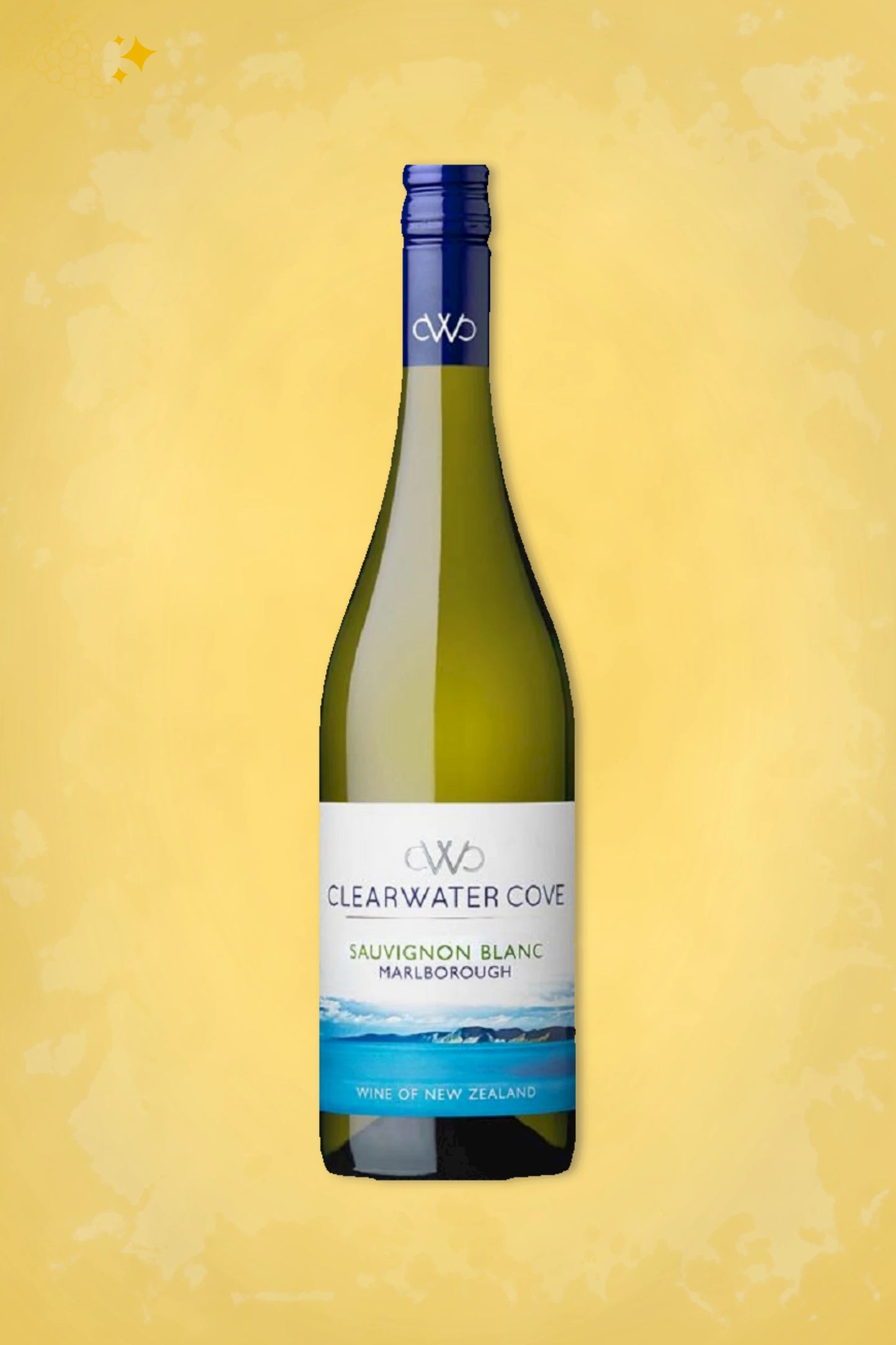 Fles Clearwater Cove Sauvignon Blanc uit Marlborough op een goudkleurige achtergrond.