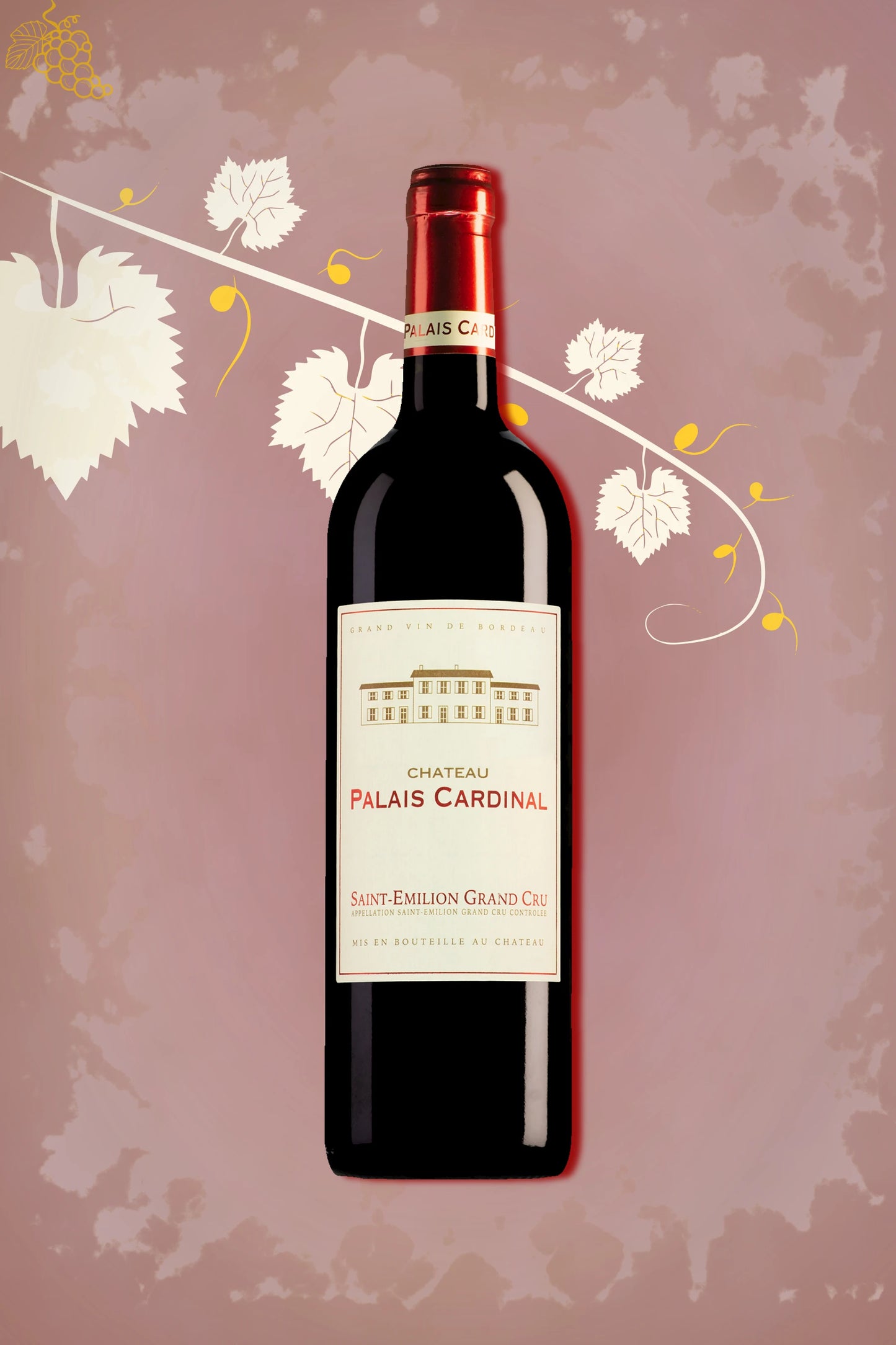Fles Château Palais Cardinal Saint-Émilion Grand Cru 2020 uit Bordeaux tegen neutrale achtergrond.