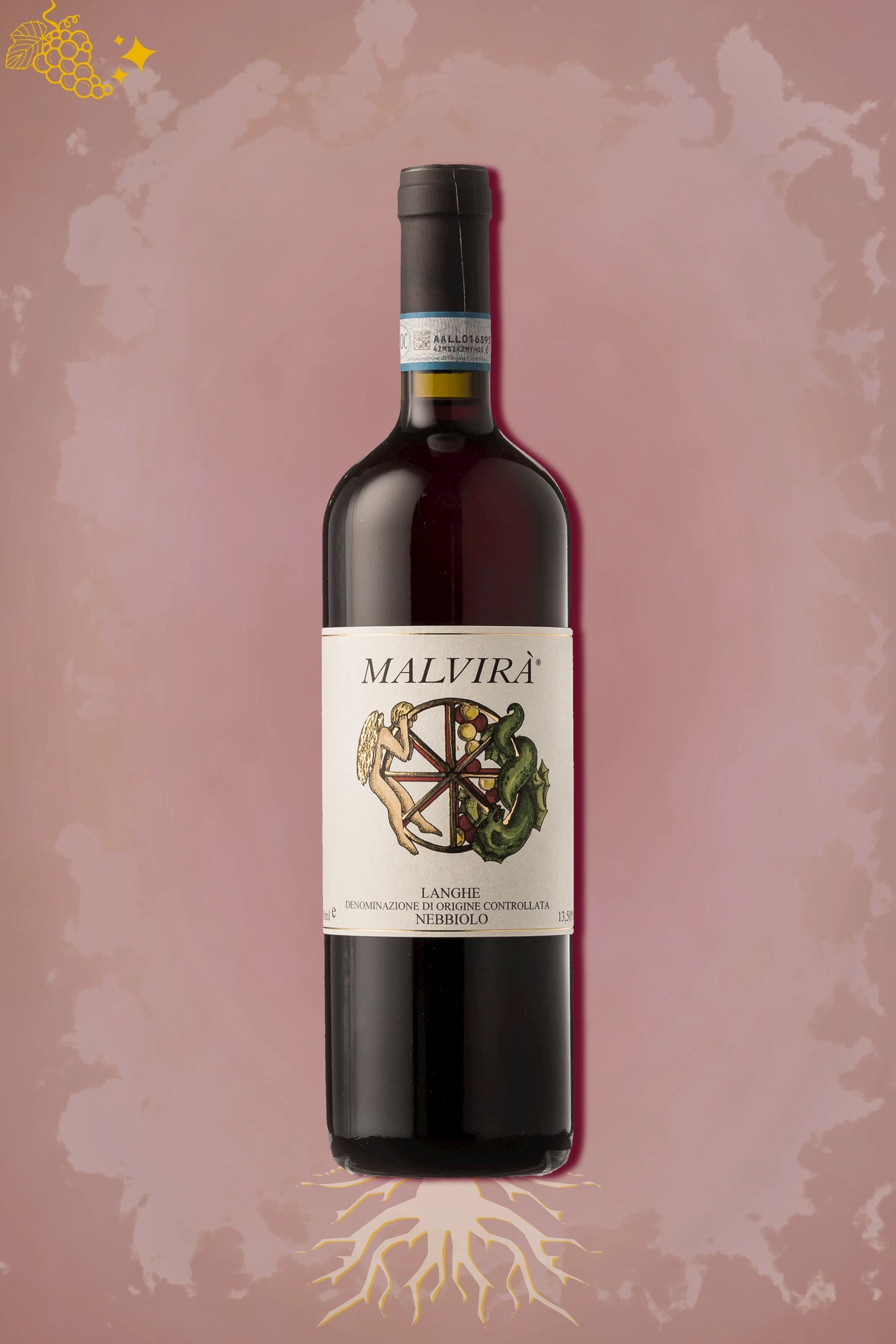 Fles Malvirà Langhe Nebbiolo 2020 uit Piemonte tegen bordeauxrode achtergrond.