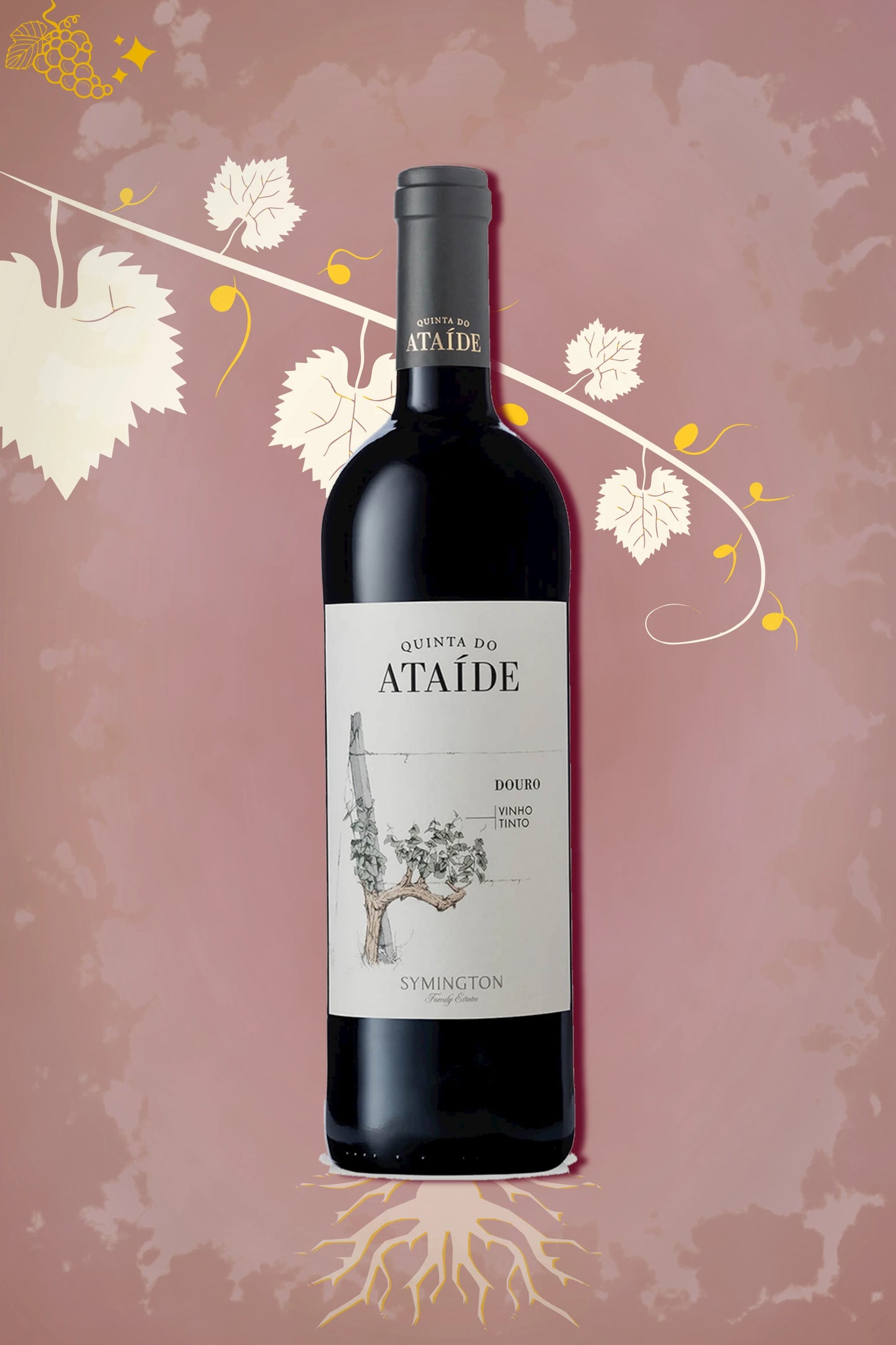 Fles Prats & Symington Quinta do Ataíde rode wijn uit de Douro-regio, Portugal, tegen bordeauxrode achtergrond.
